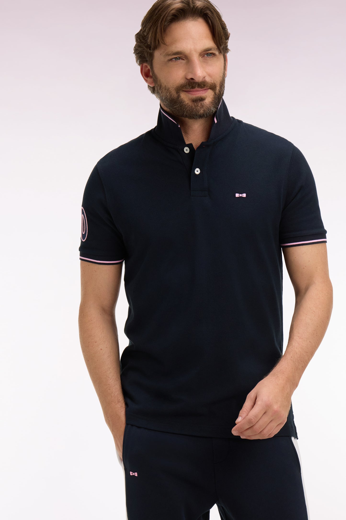 Regular fit embroidered navy cotton short-sleeved polo shirt