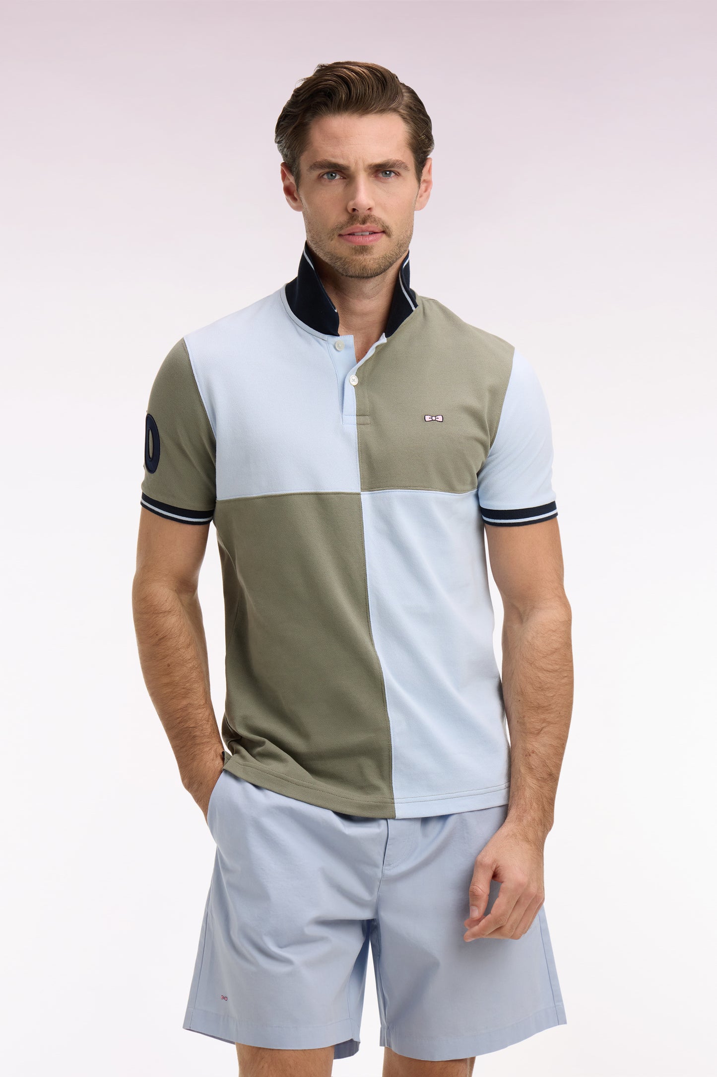Polo à manches courtes en coton beige et ciel à cadrans coupe regular