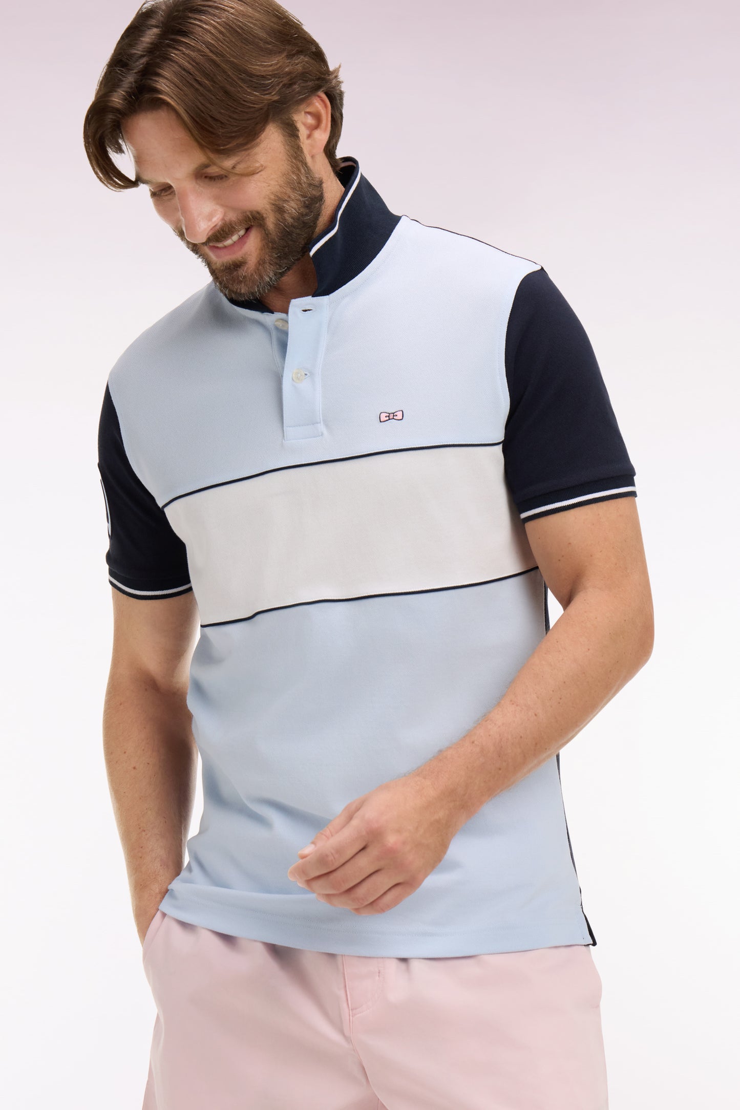 Polo à manches courtes en coton ciel et marine coupe regular