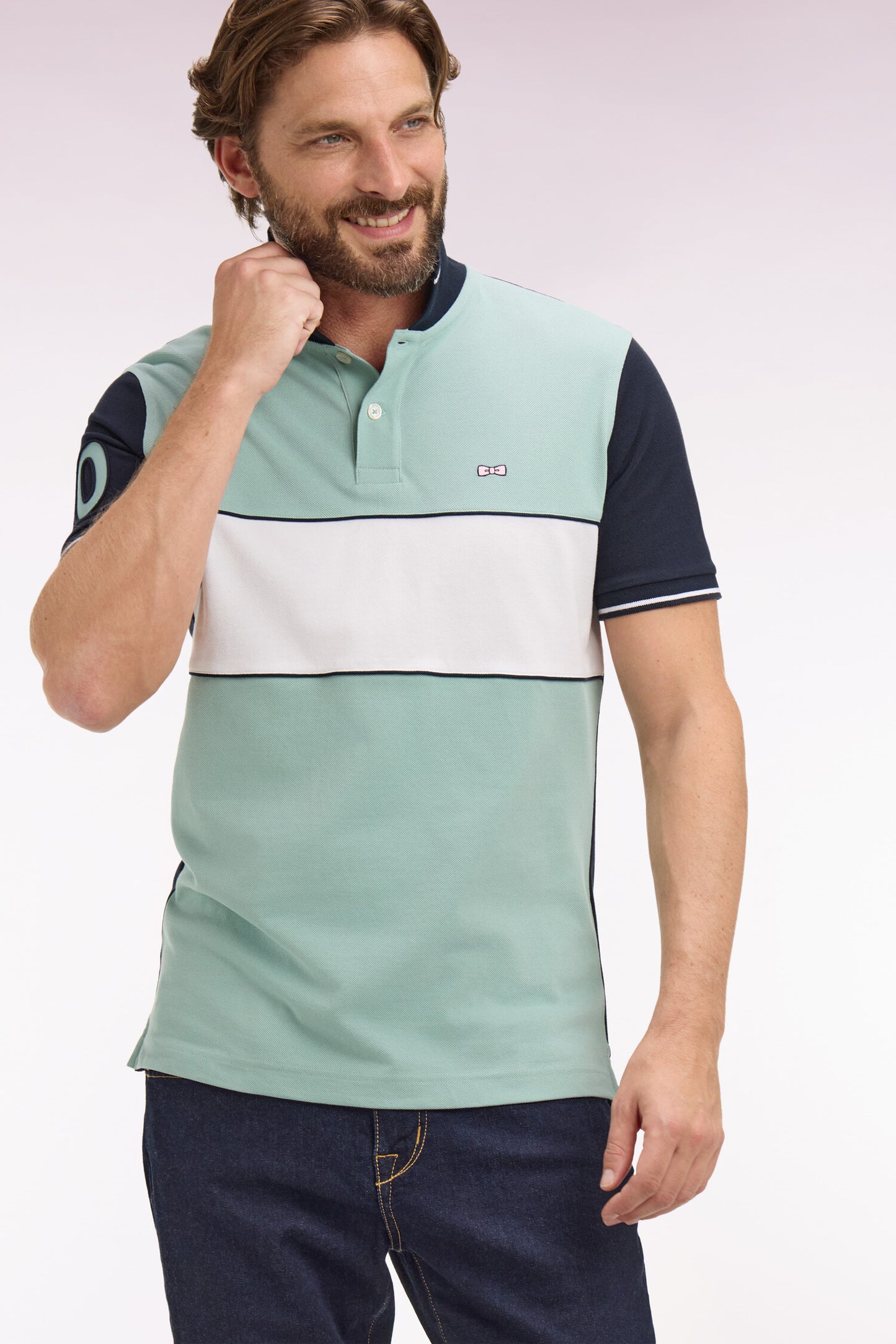 Polo à manches courtes en coton vert d'eau et marine coupe regular