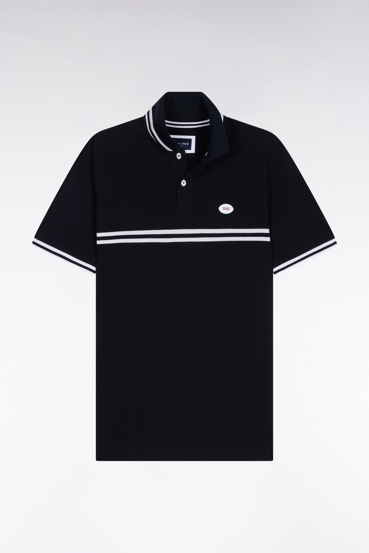 Short-sleeved polo shirt in navy cotton with white stripes, regular fit