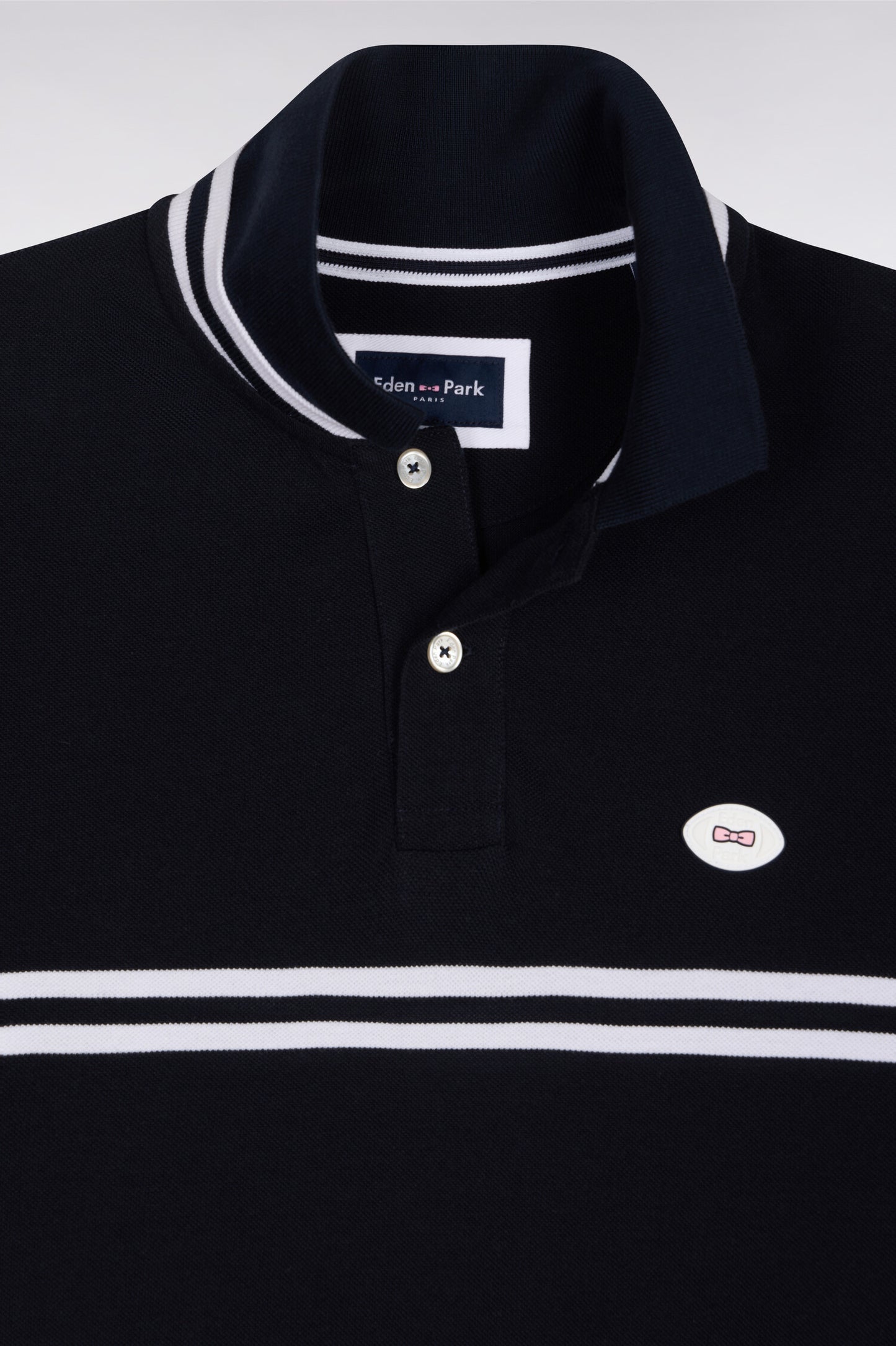 Short-sleeved polo shirt in navy cotton with white stripes, regular fit