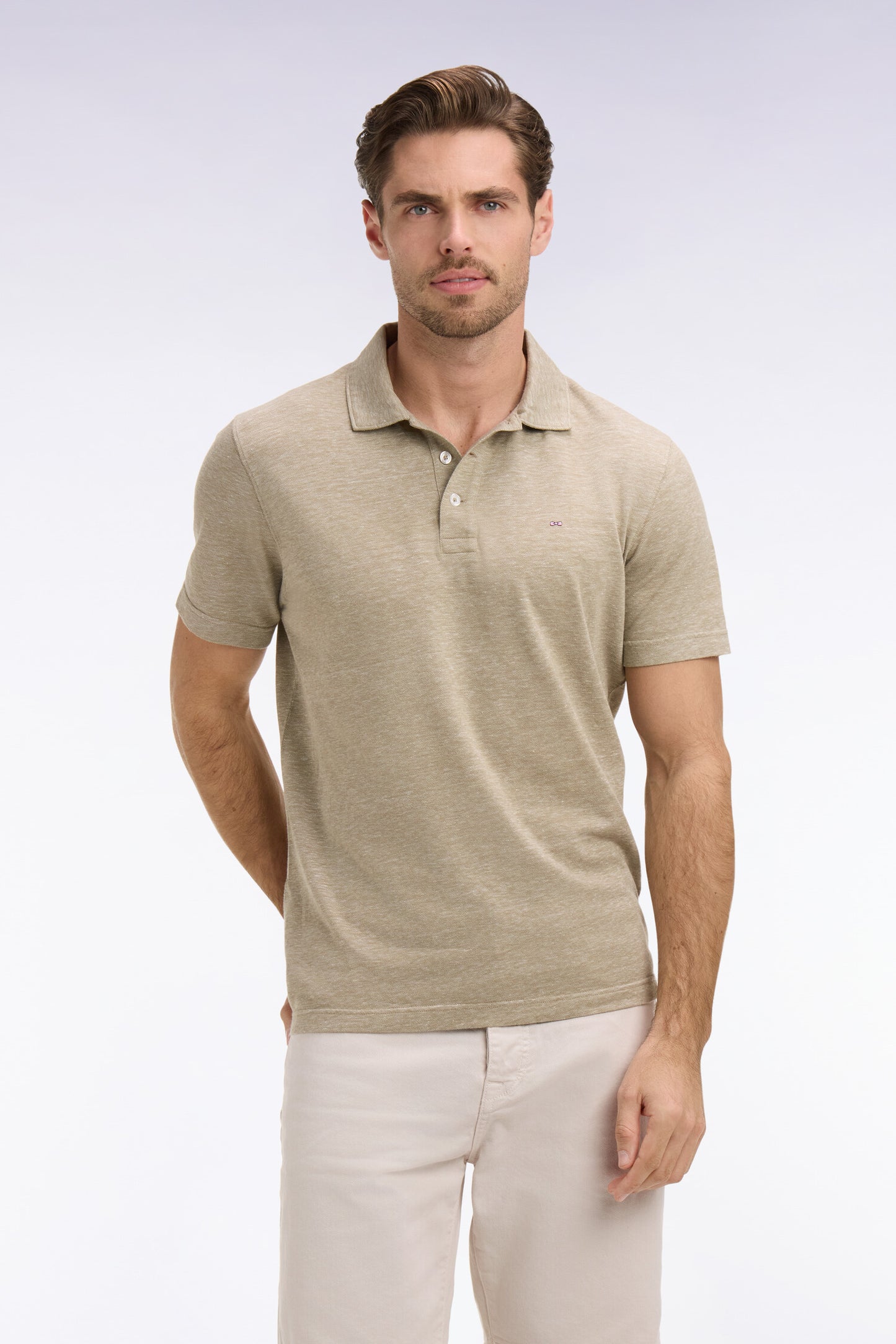 Regular fit beige Oxford short-sleeved polo shirt