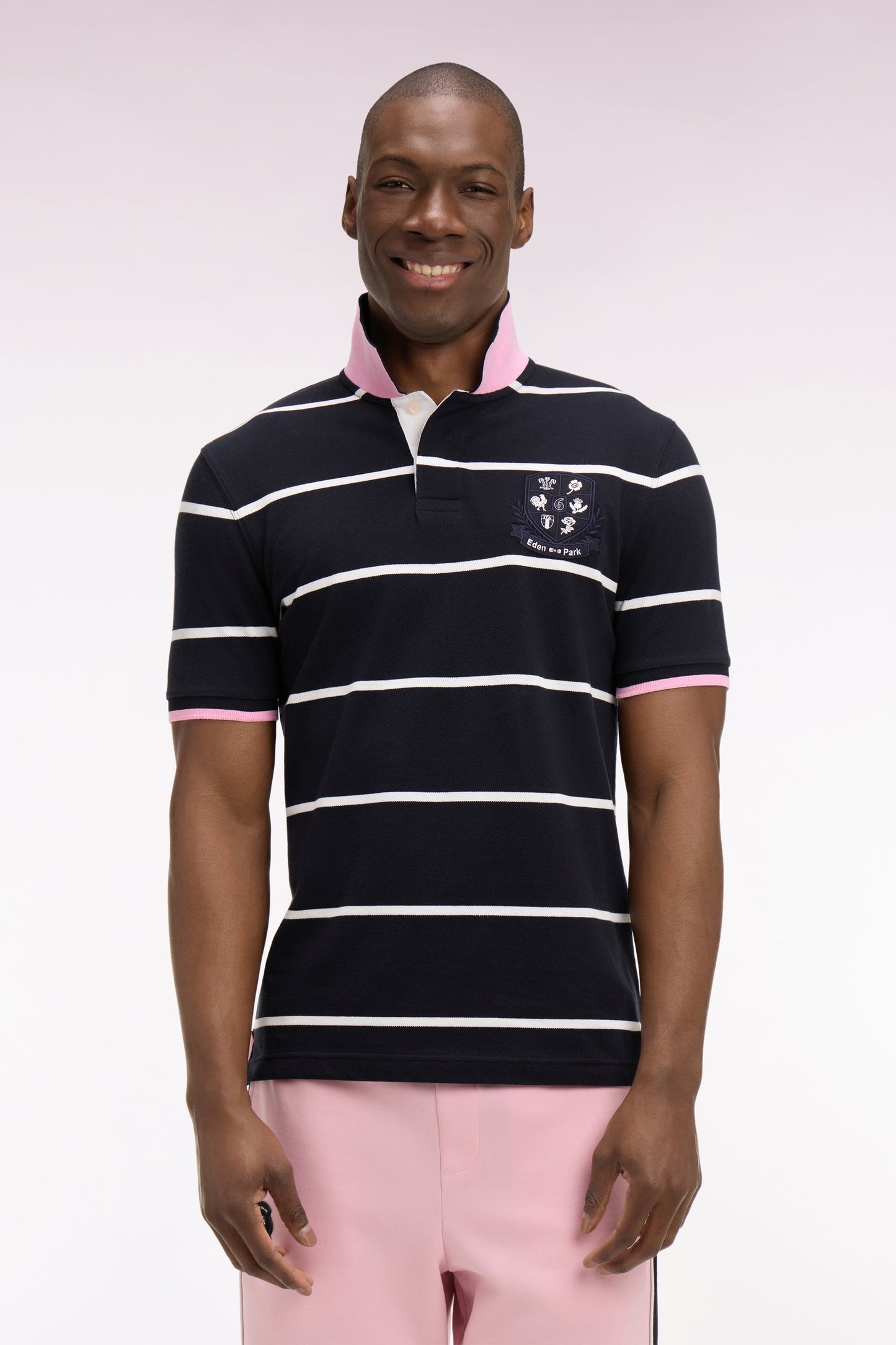 6 Nations short-sleeved polo shirt in navy striped cotton, regular fit