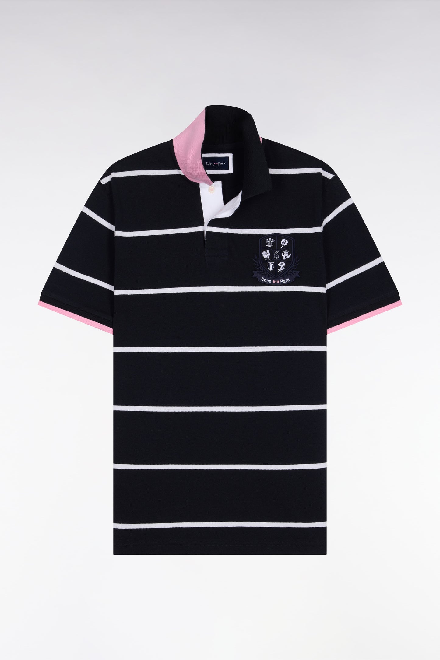 6 Nations short-sleeved polo shirt in navy striped cotton, regular fit