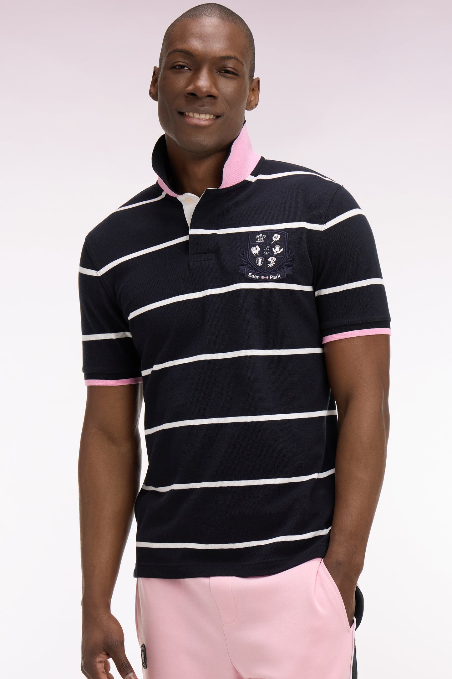 6 Nations short-sleeved polo shirt in navy striped cotton, regular fit