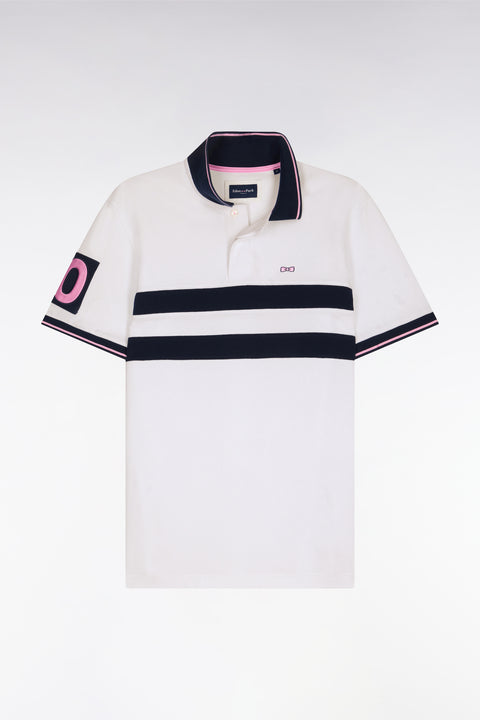 Polo à manches courtes en piqué coton blanc à rayures coupé cousu - Image 2