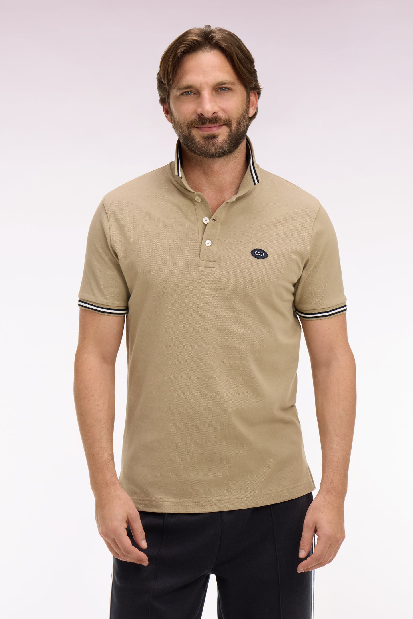 Short-sleeved polo shirt in beige cotton