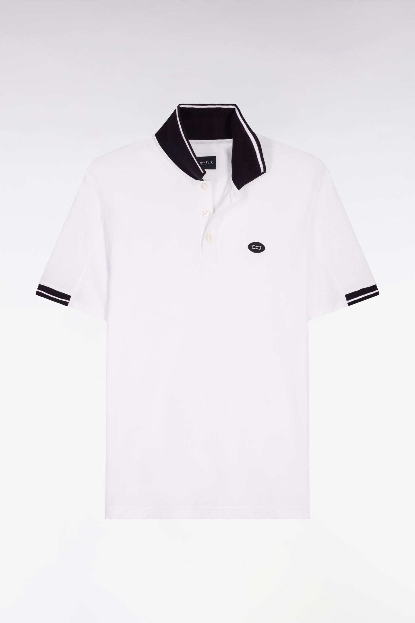 Short-sleeved polo shirt in white cotton pique with navy details