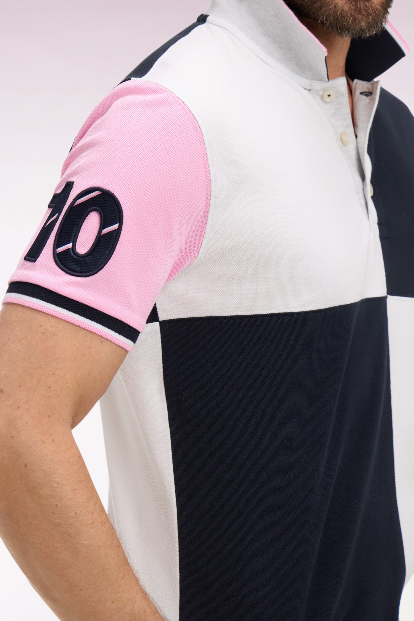 XV de France short-sleeved polo shirt in pink cotton with dial cutouts