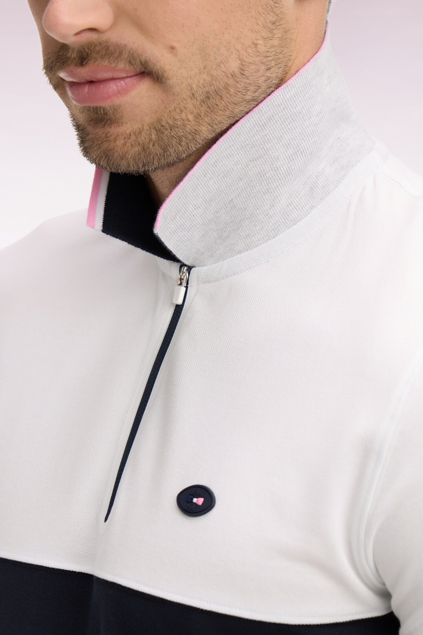 Polo à manches courtes XV de France en piqué coton blanc découpes marine