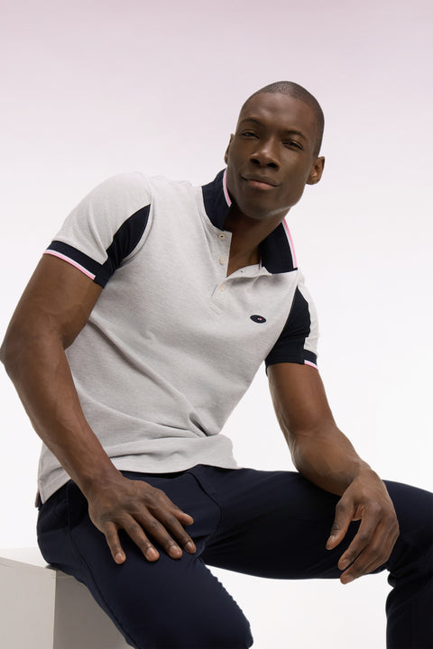 Polo à manches courtes XV de France en piqué coton gris clair à découpes de manches - Image 1