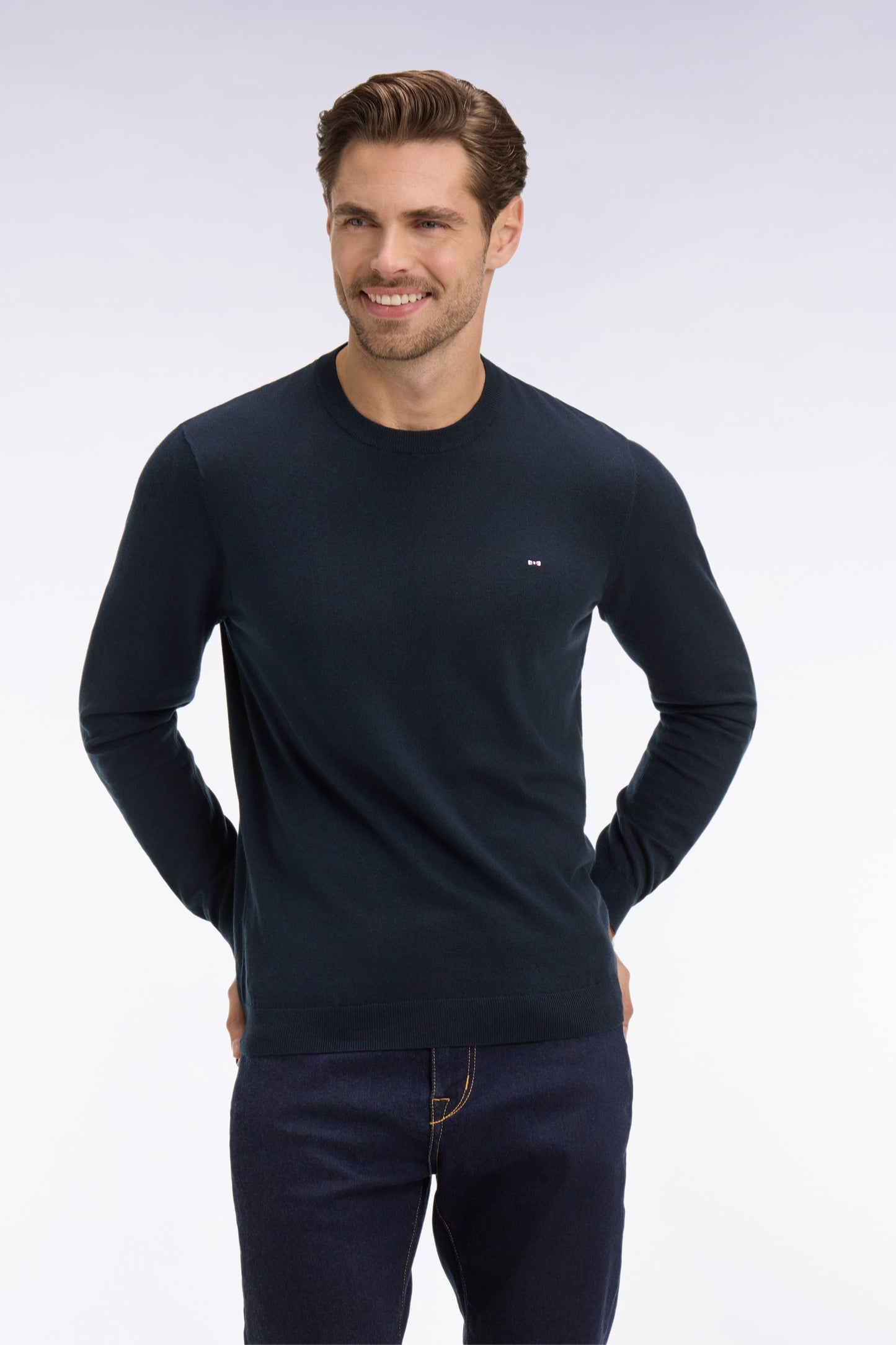 Navy cotton and silk blend round-neck sweater