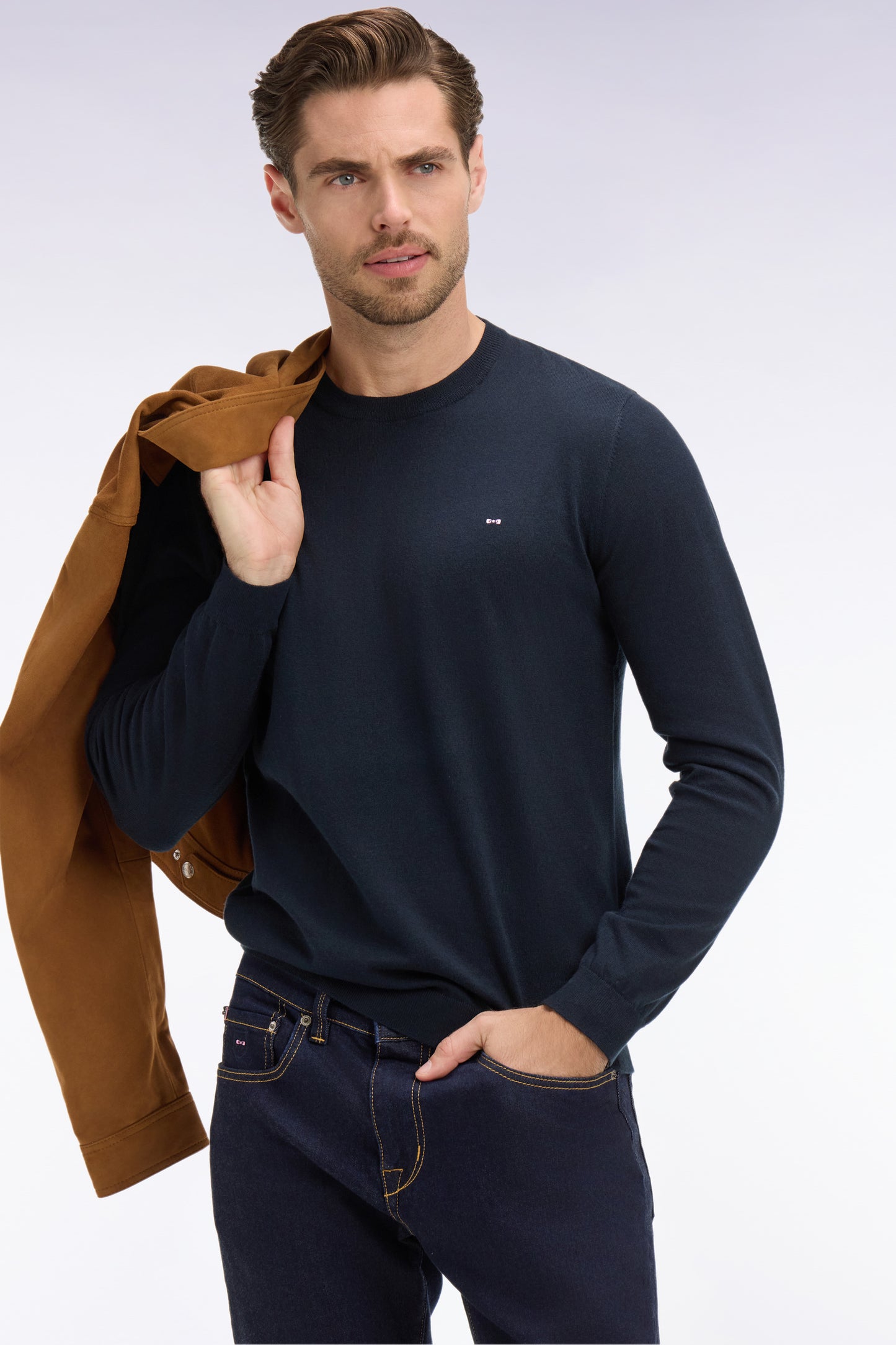 Navy cotton and silk blend round-neck sweater
