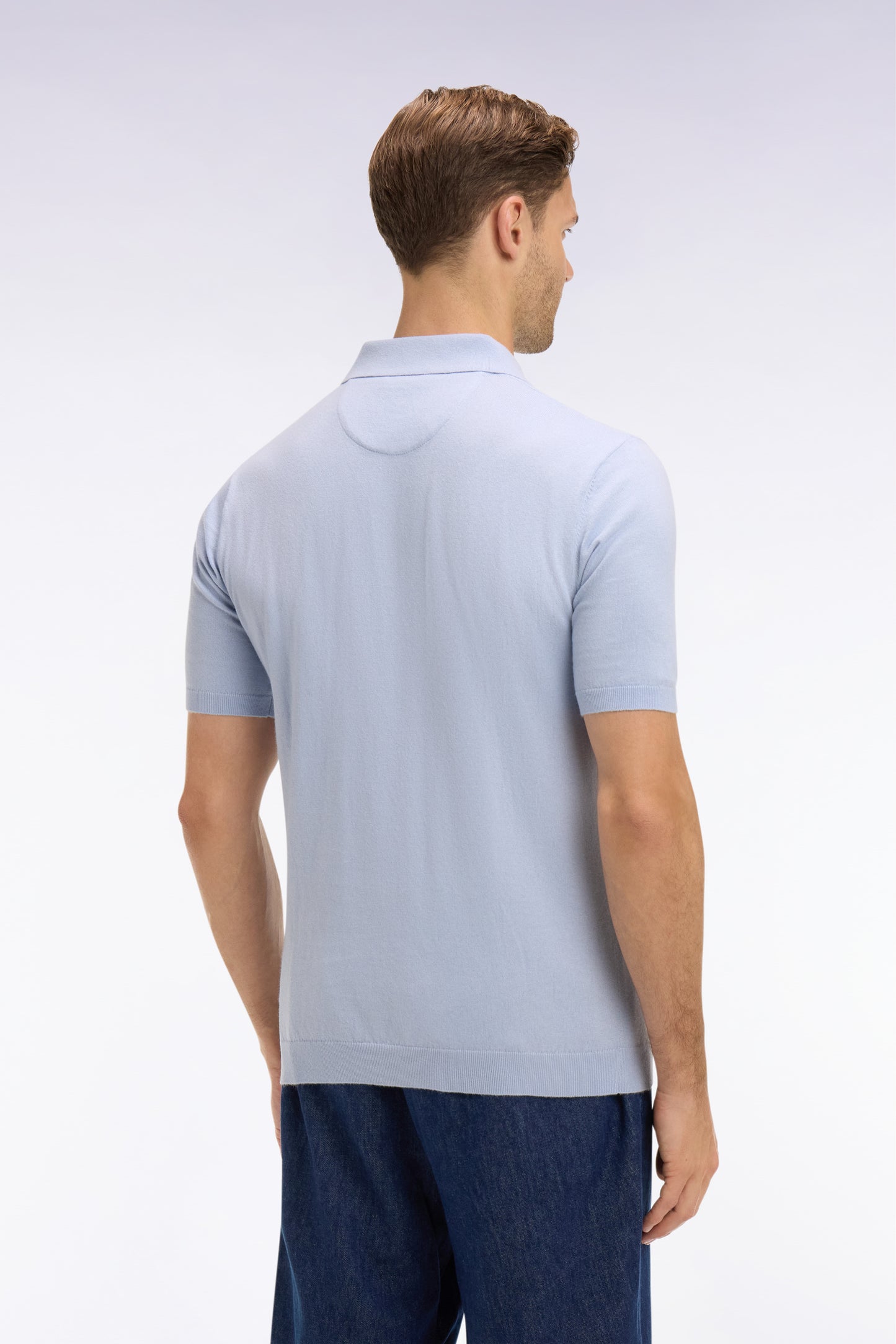 Pull manches courtes col polo en coton et soie mélangés bleu ciel