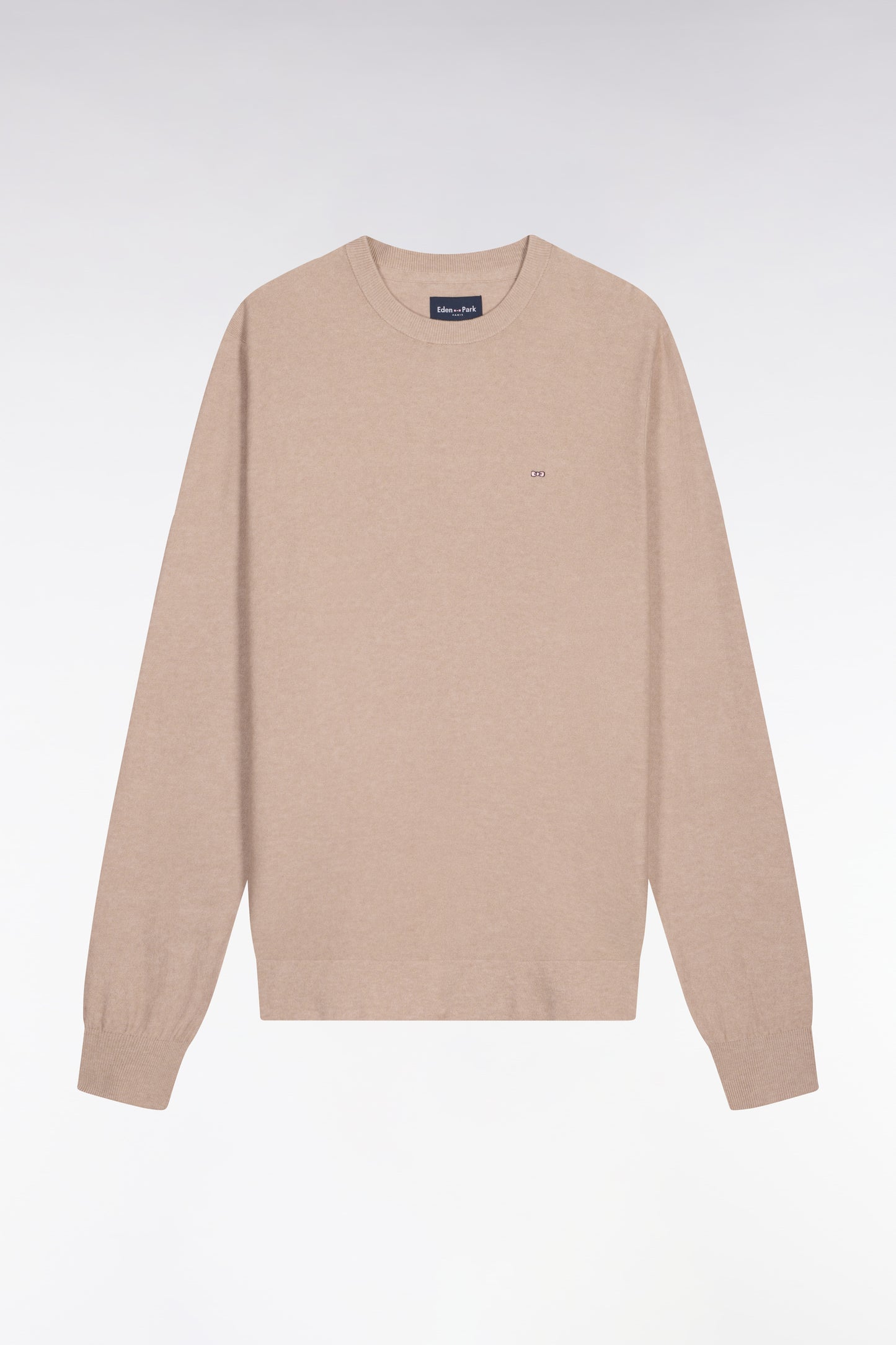 Round-neck sweater in beige cotton and lyocell blend