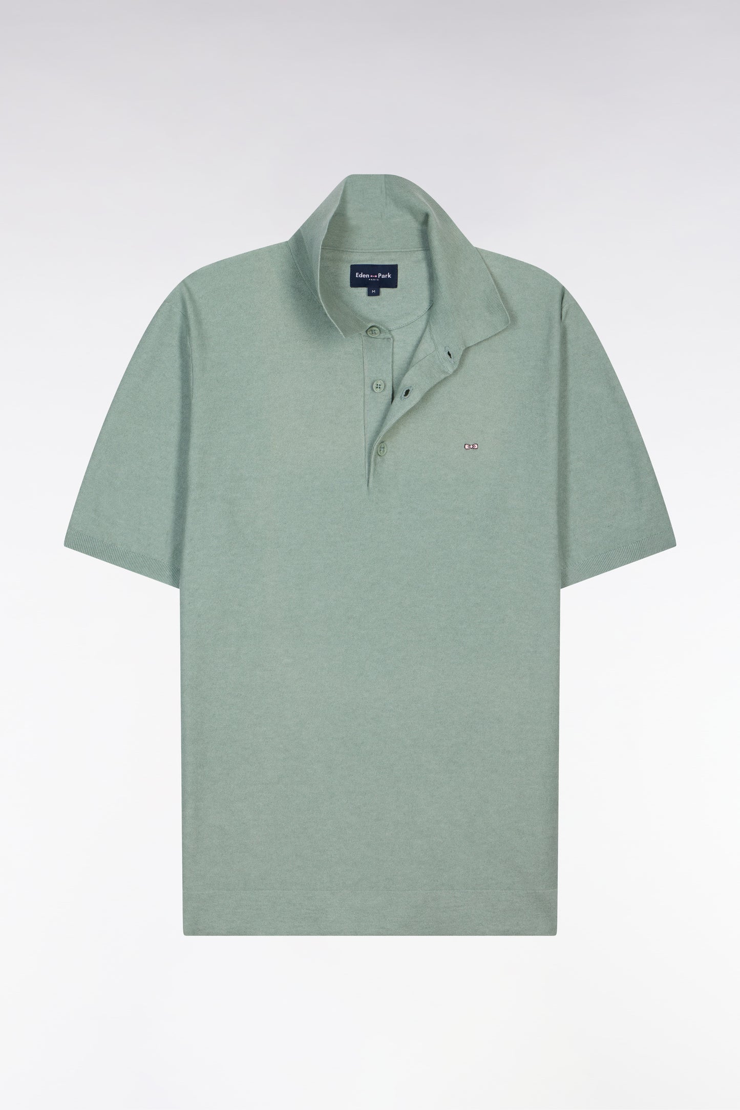 Short-sleeved sweater with polo collar in sea green cotton and lyocell blend
