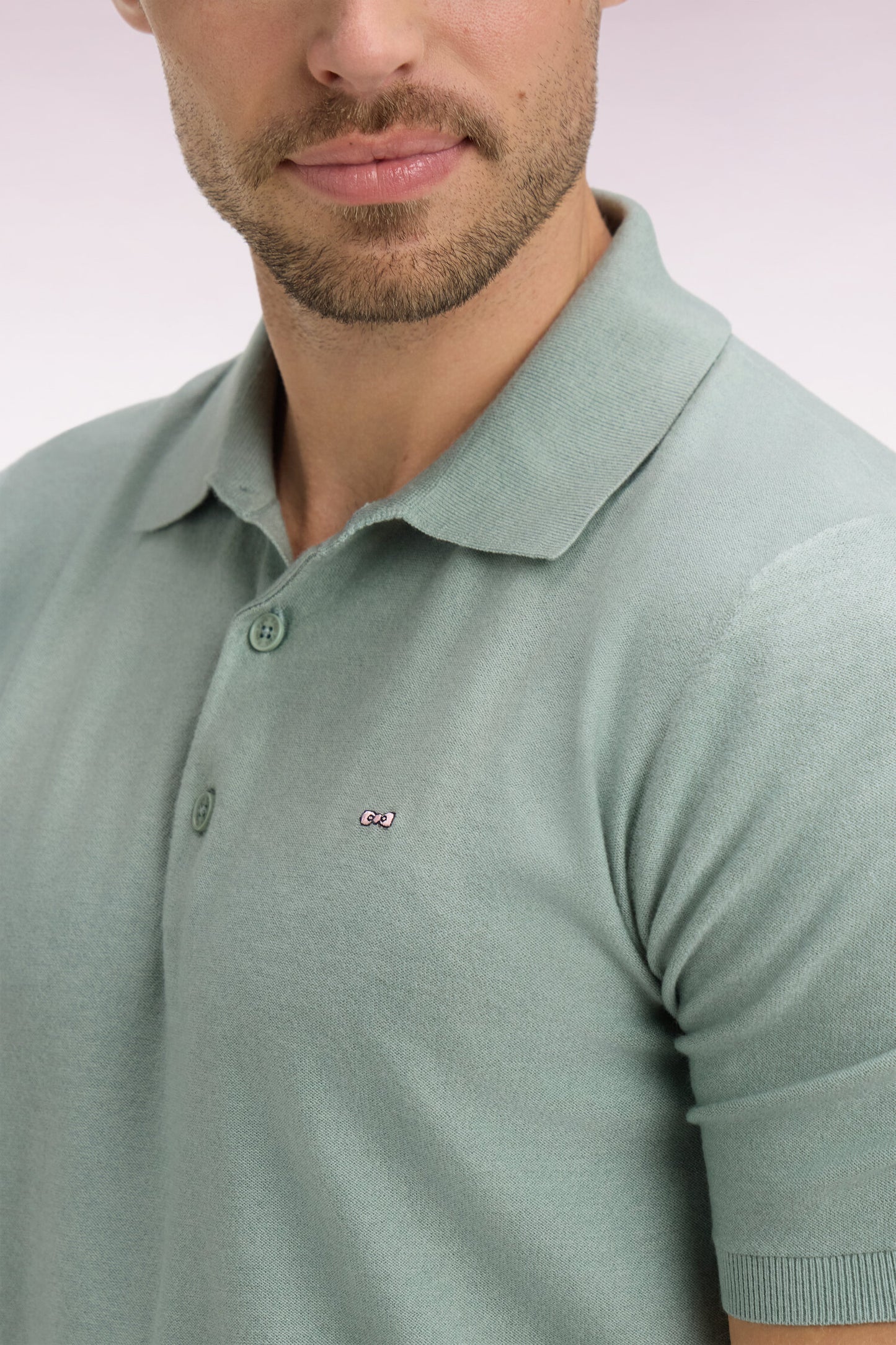Short-sleeved sweater with polo collar in sea green cotton and lyocell blend