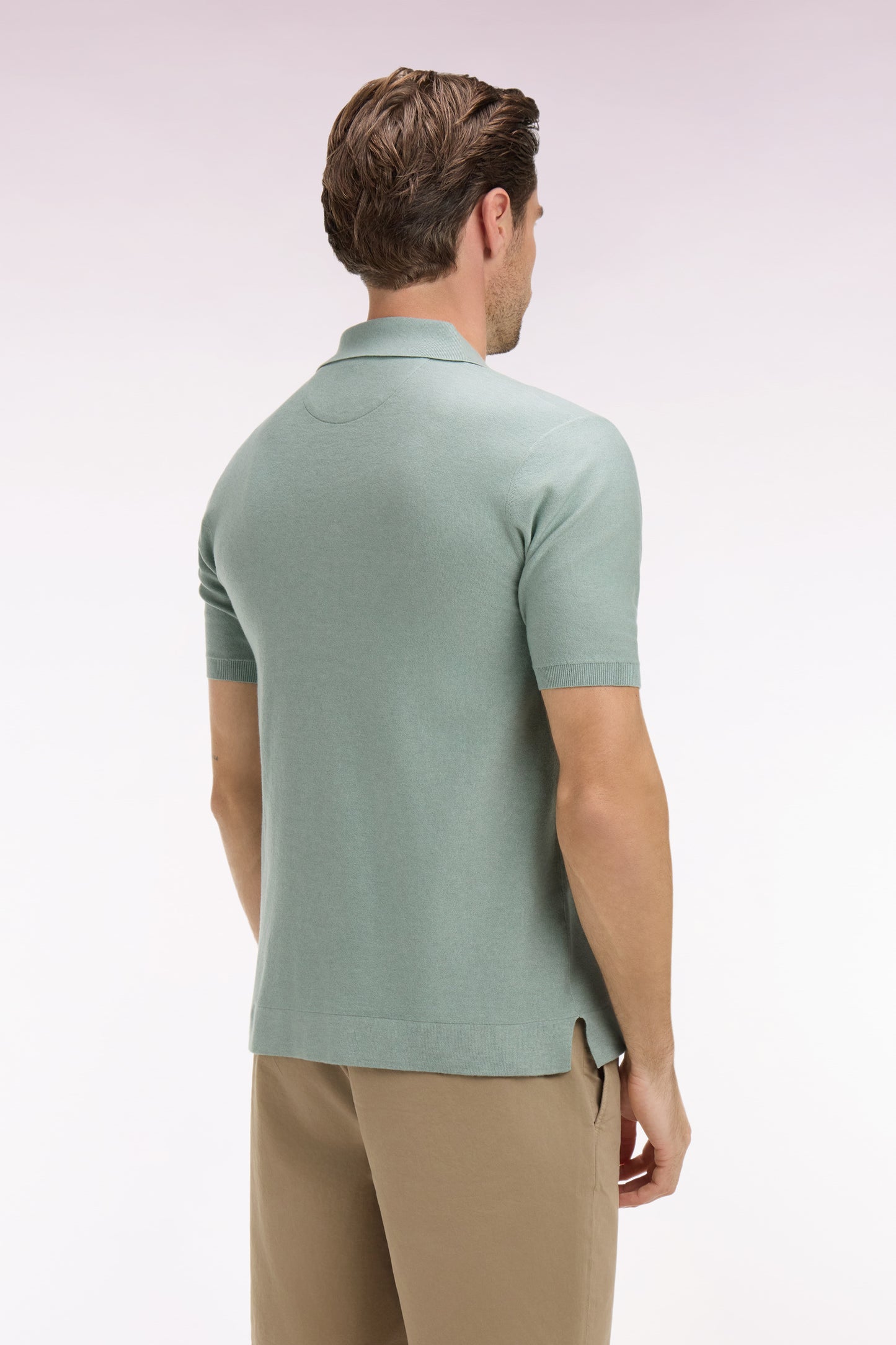 Short-sleeved sweater with polo collar in sea green cotton and lyocell blend