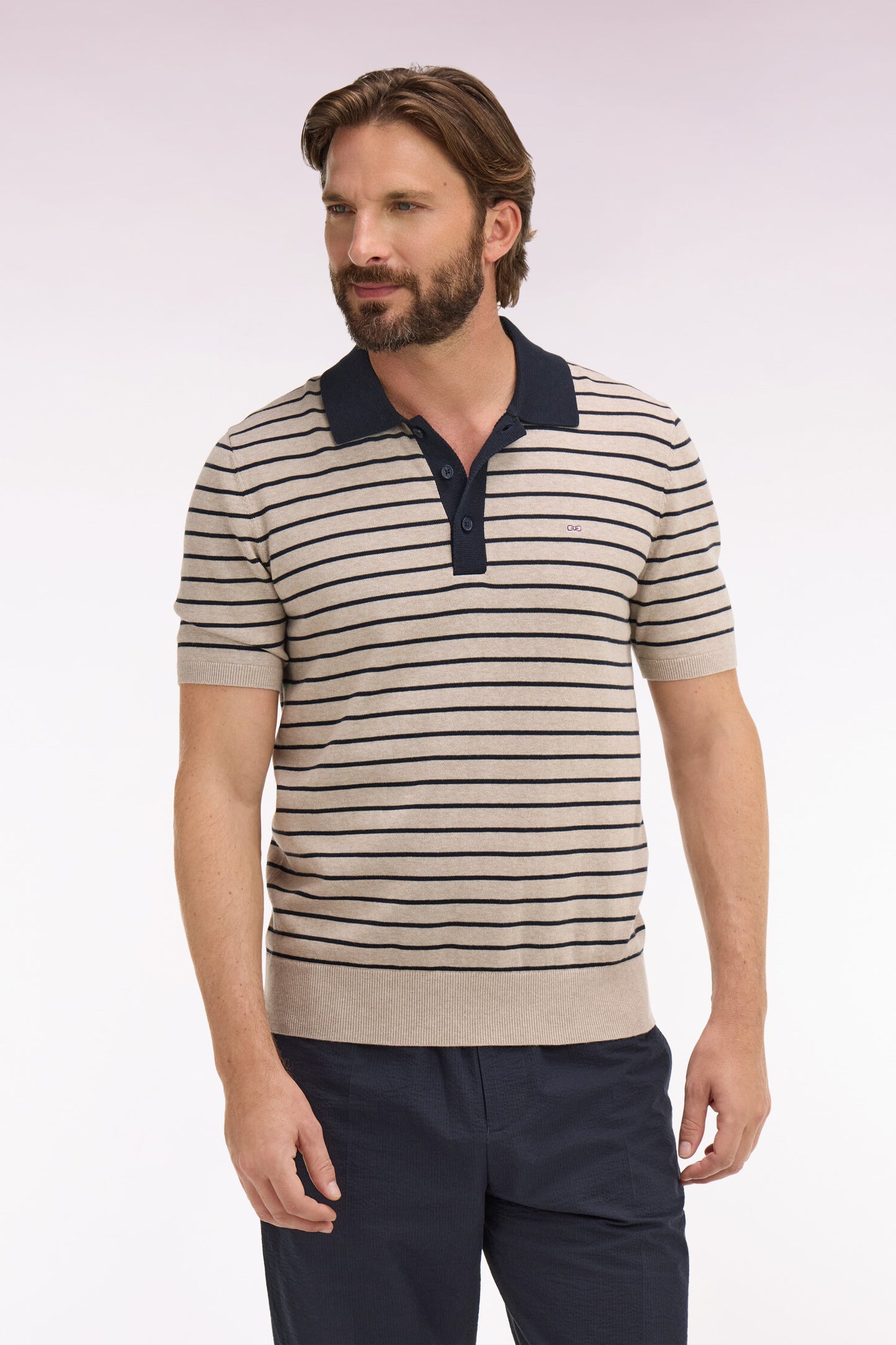Short-sleeved polo collar sweater in beige striped cotton