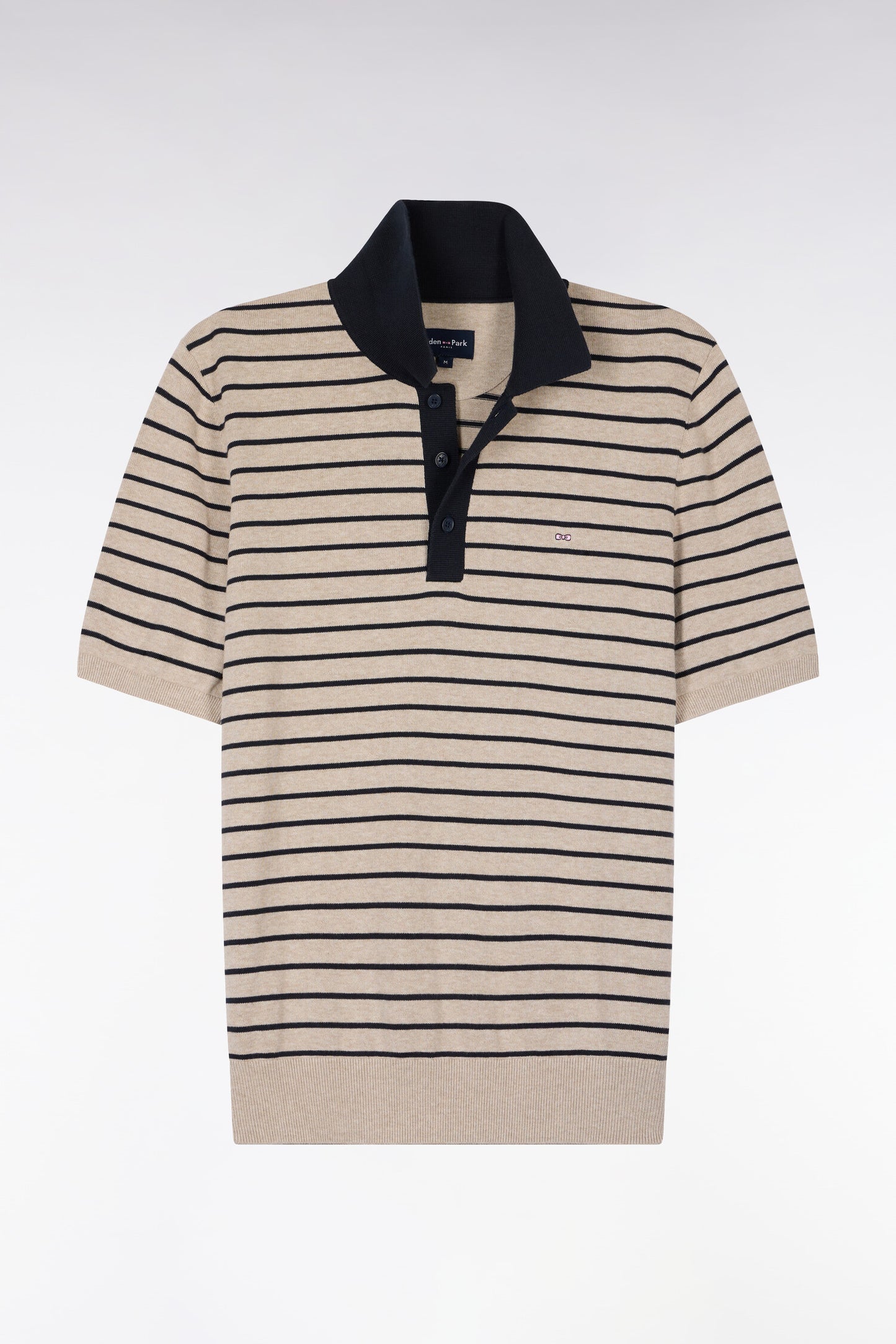 Short-sleeved polo collar sweater in beige striped cotton
