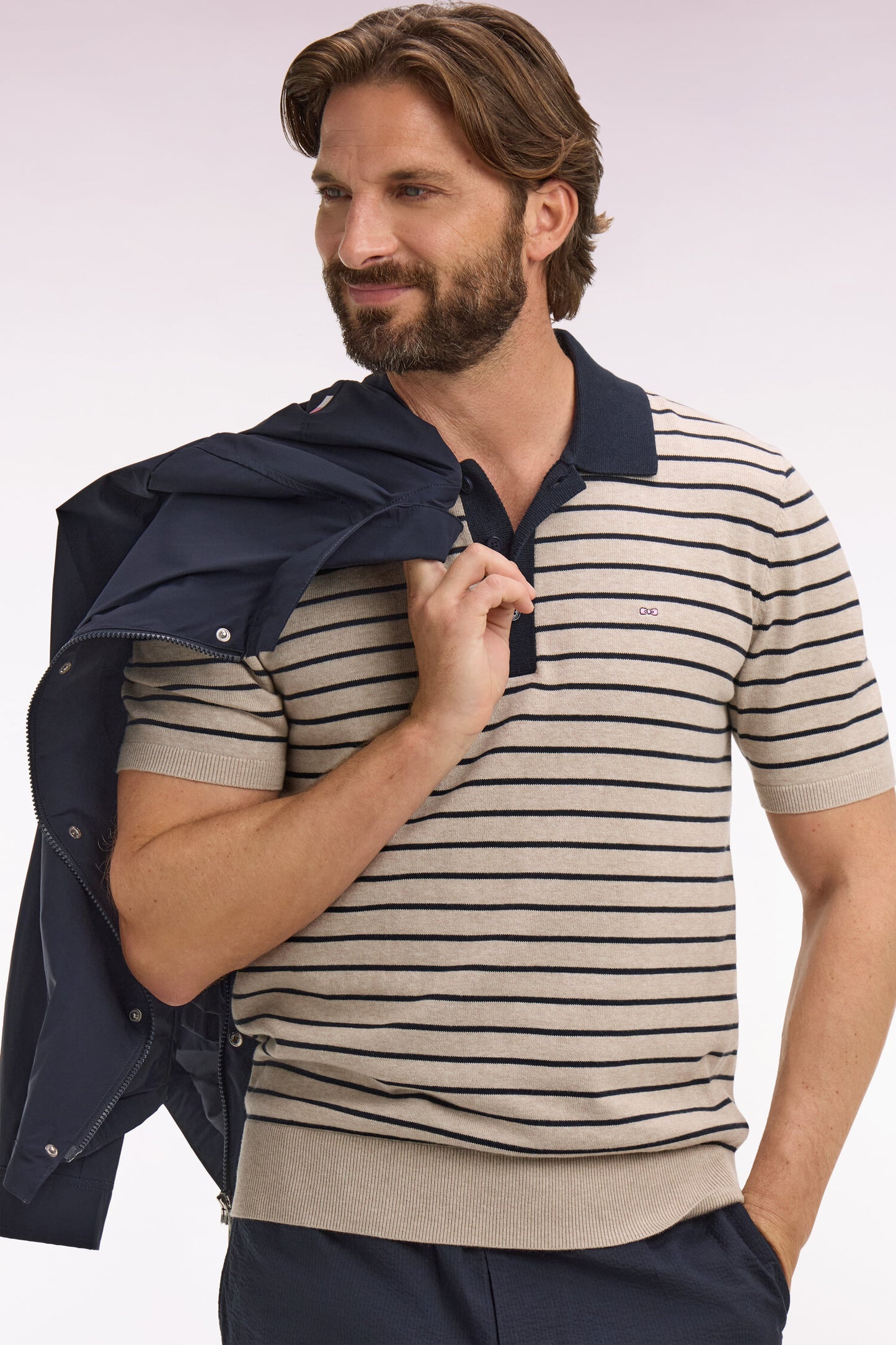 Short-sleeved polo collar sweater in beige striped cotton