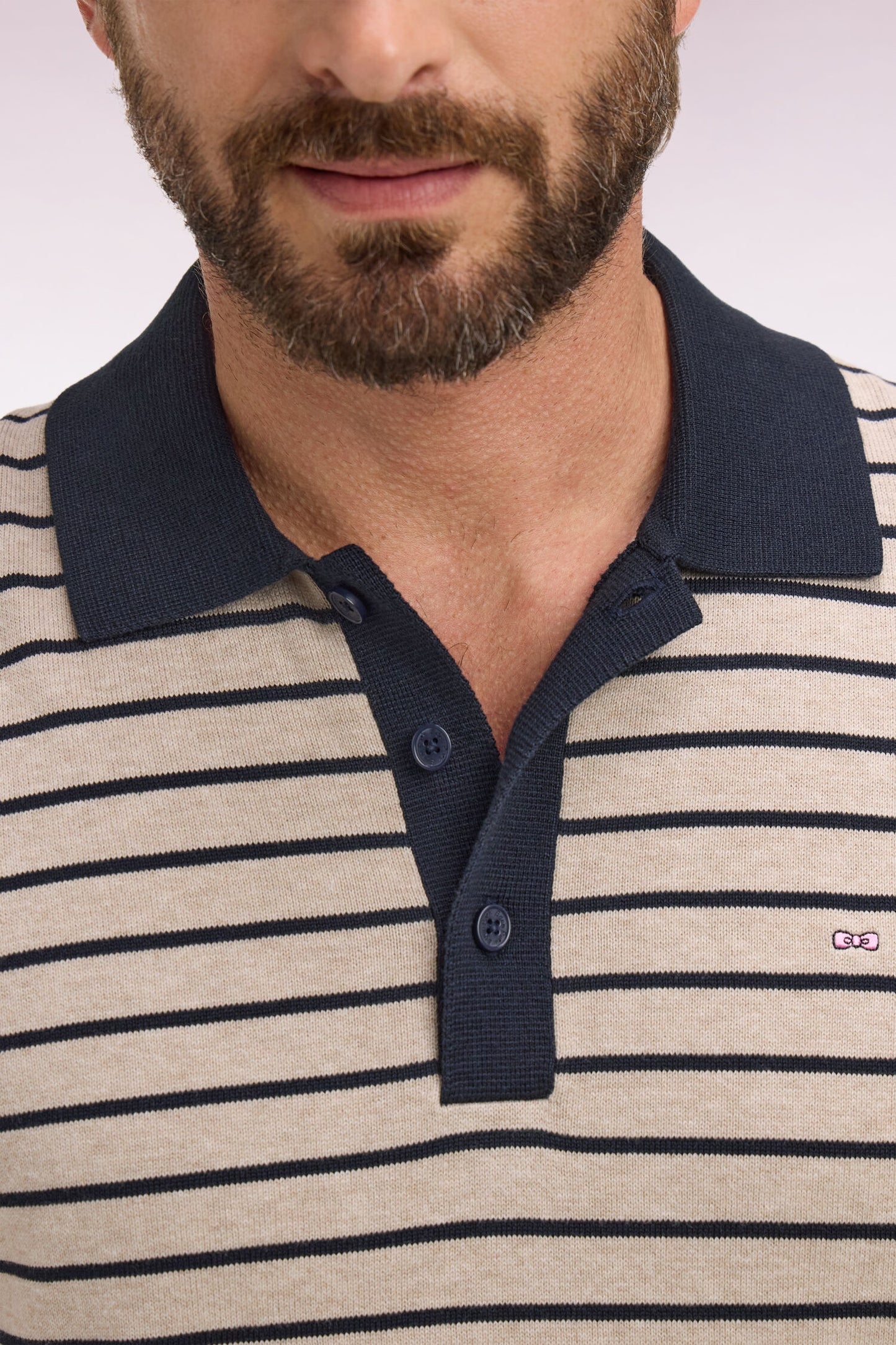 Short-sleeved polo collar sweater in beige striped cotton