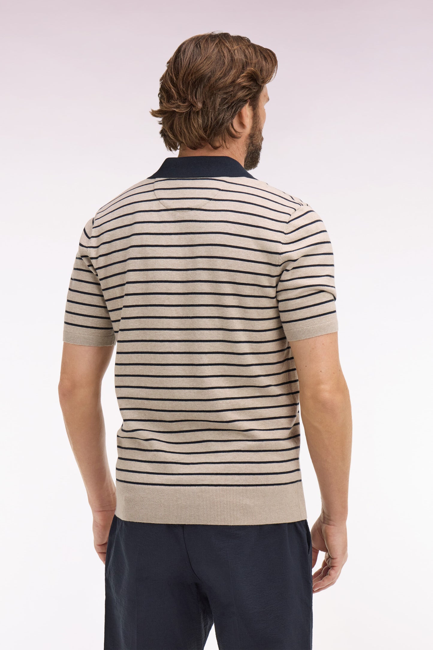 Short-sleeved polo collar sweater in beige striped cotton
