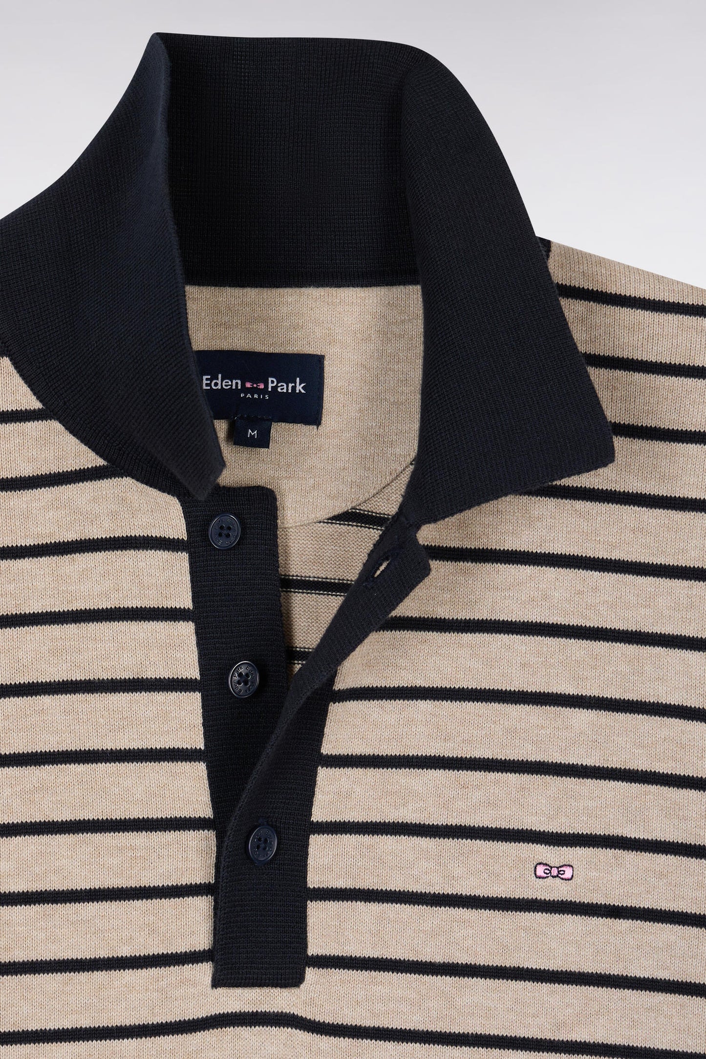 Short-sleeved polo collar sweater in beige striped cotton