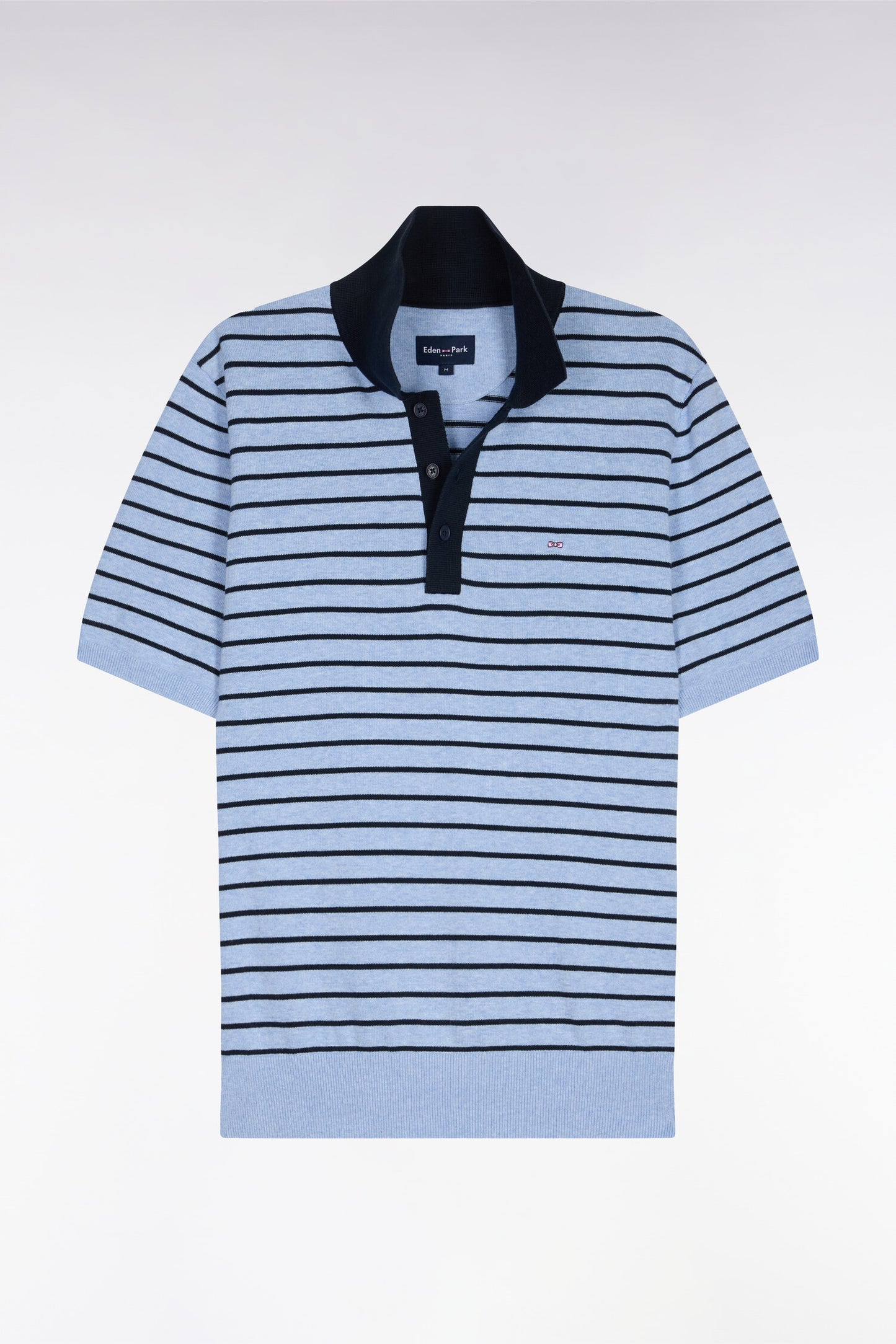 Short-sleeved sweater with polo collar in striped sky cotton