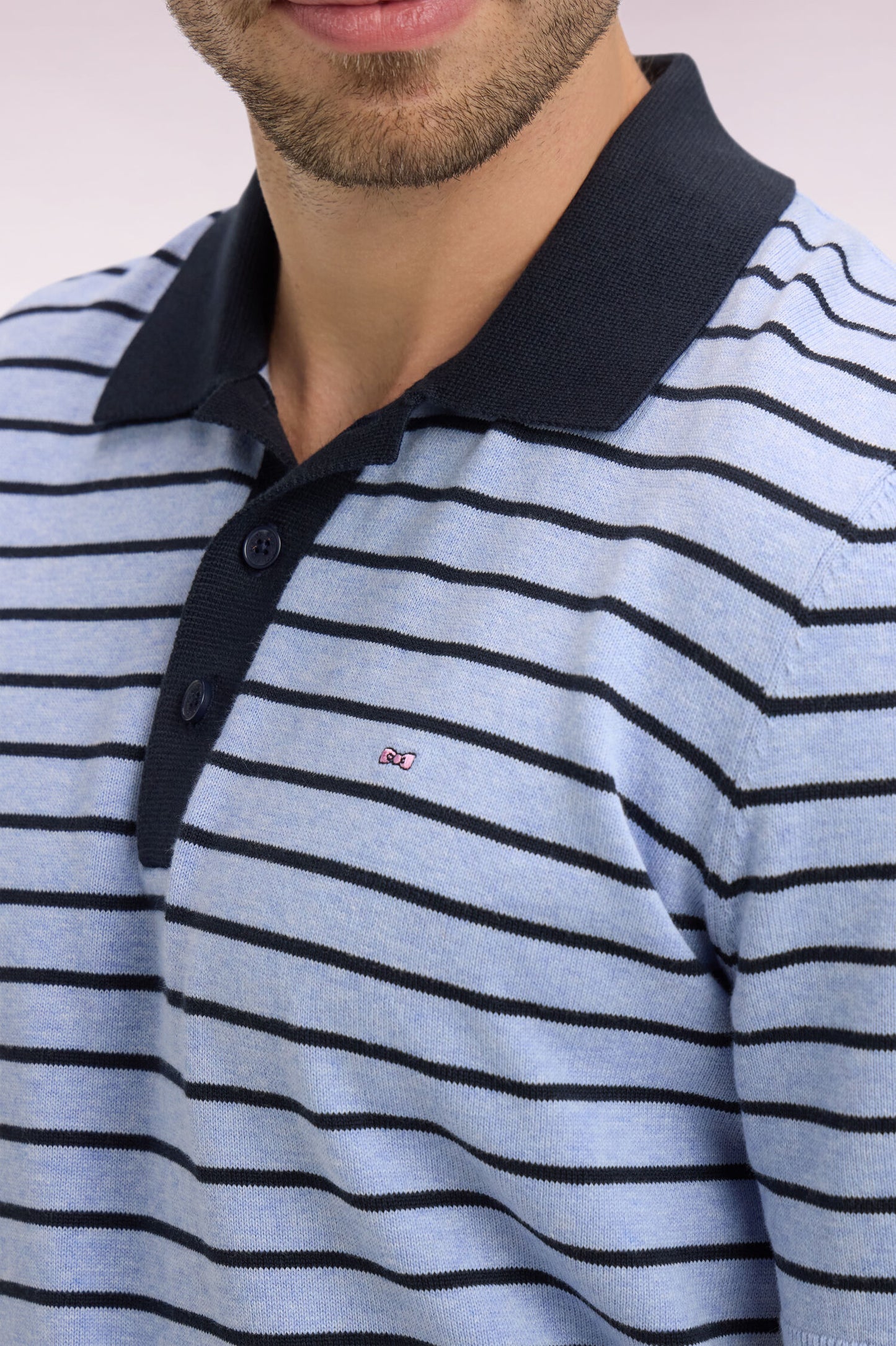 Short-sleeved sweater with polo collar in striped sky cotton