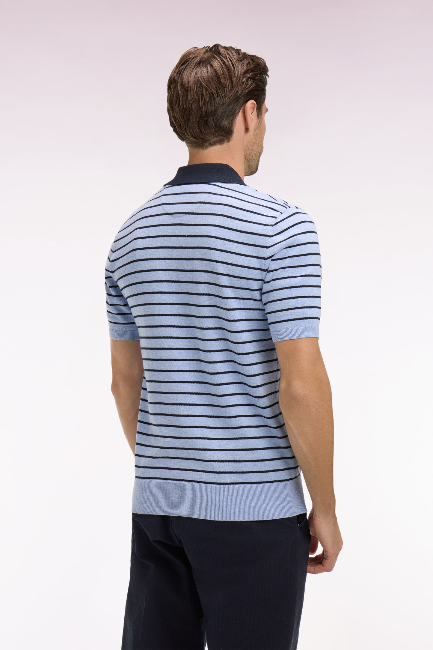 Short-sleeved sweater with polo collar in striped sky cotton