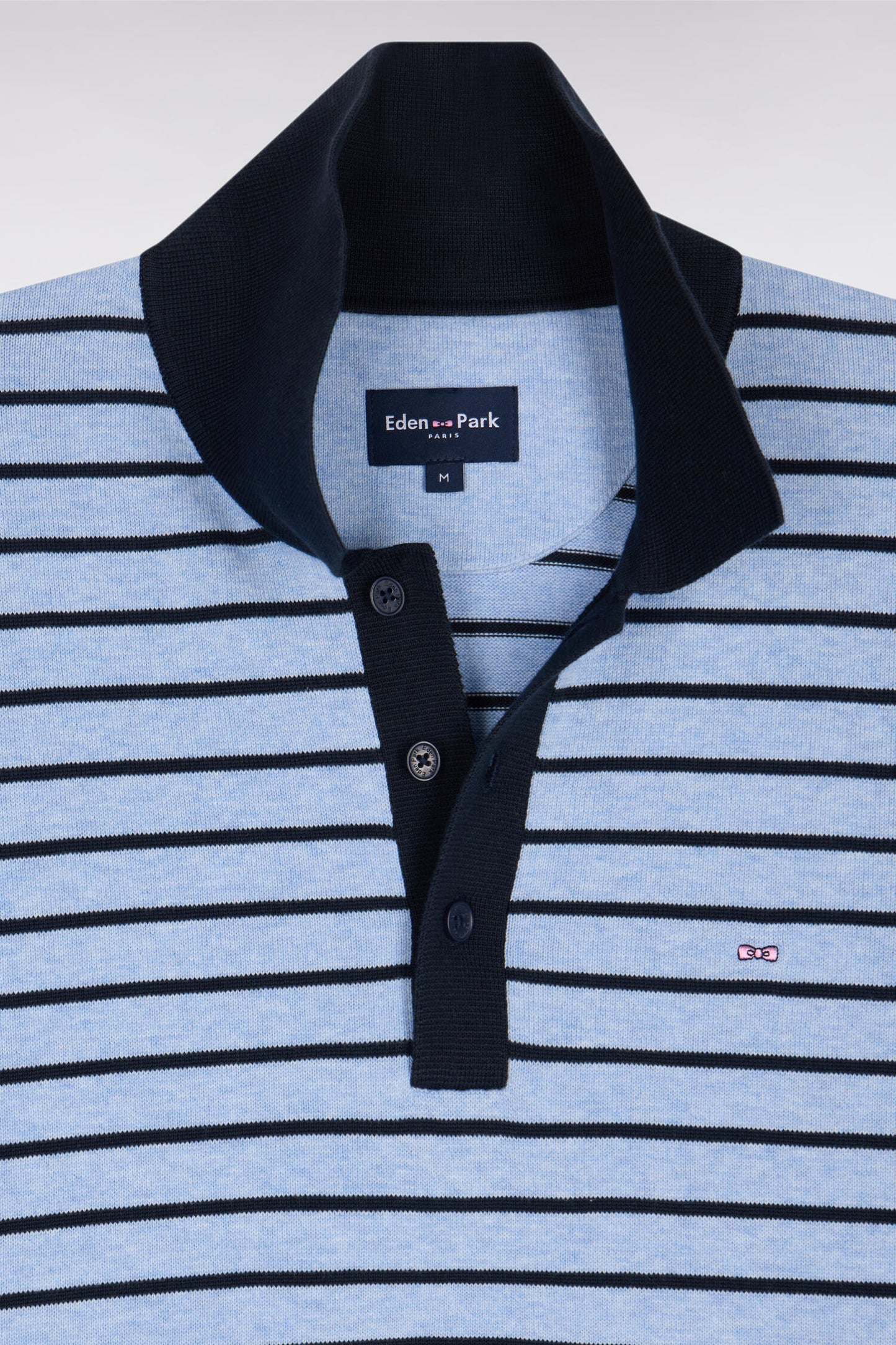 Short-sleeved sweater with polo collar in striped sky cotton