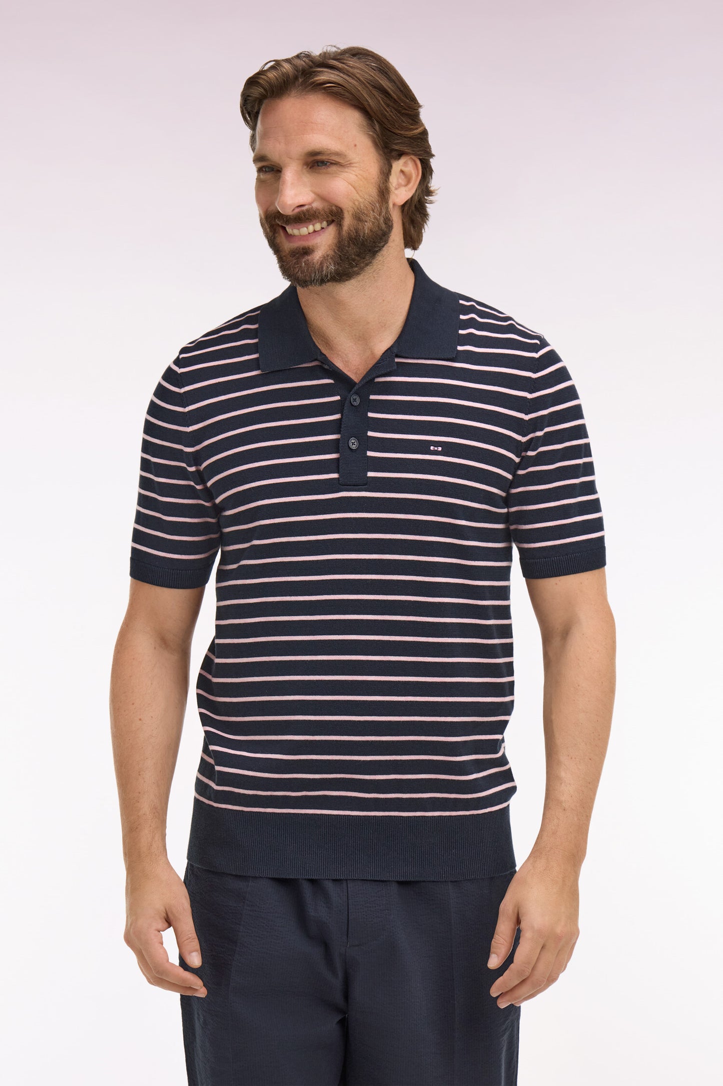 Short-sleeved polo collar sweater in striped navy cotton