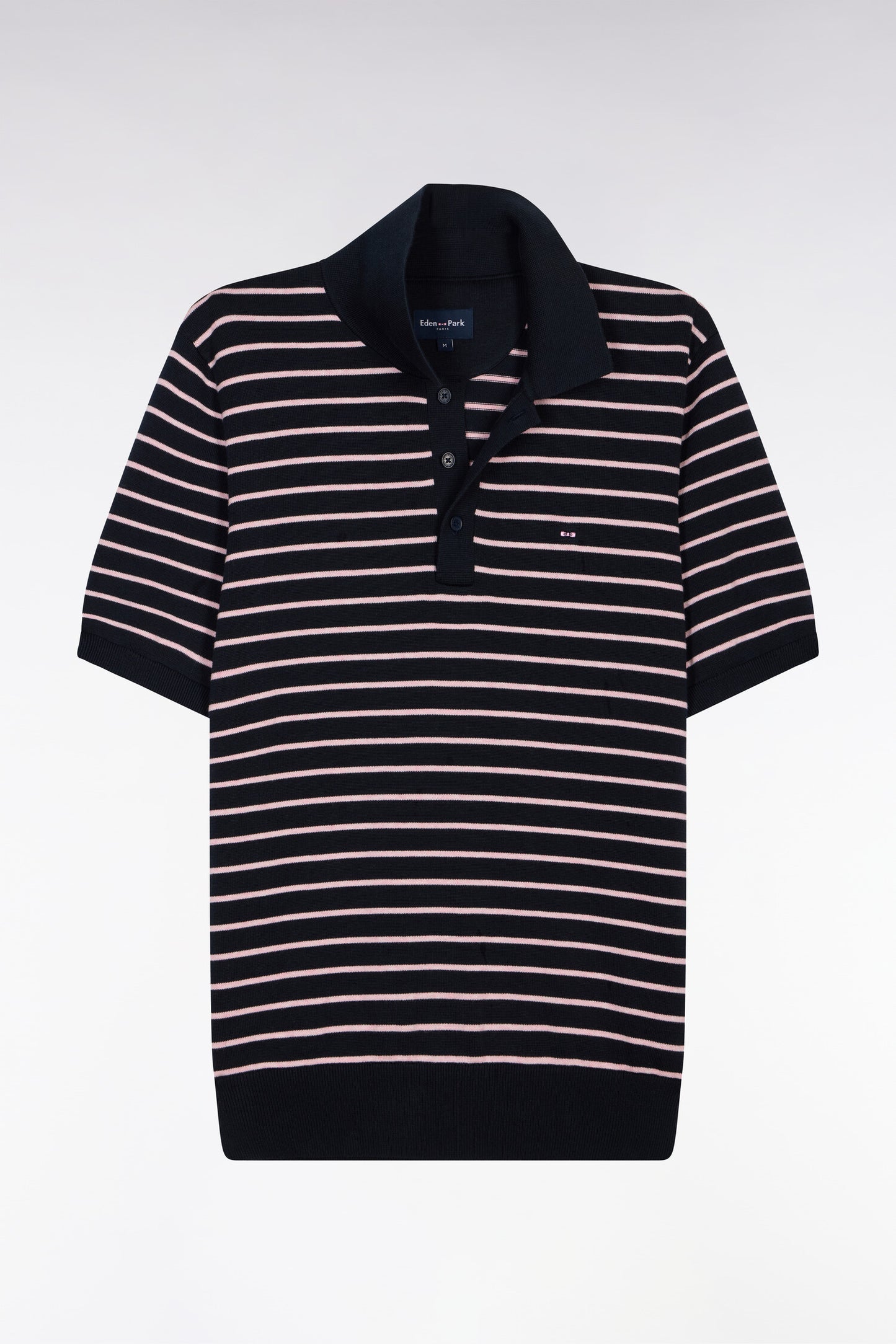 Short-sleeved polo collar sweater in striped navy cotton