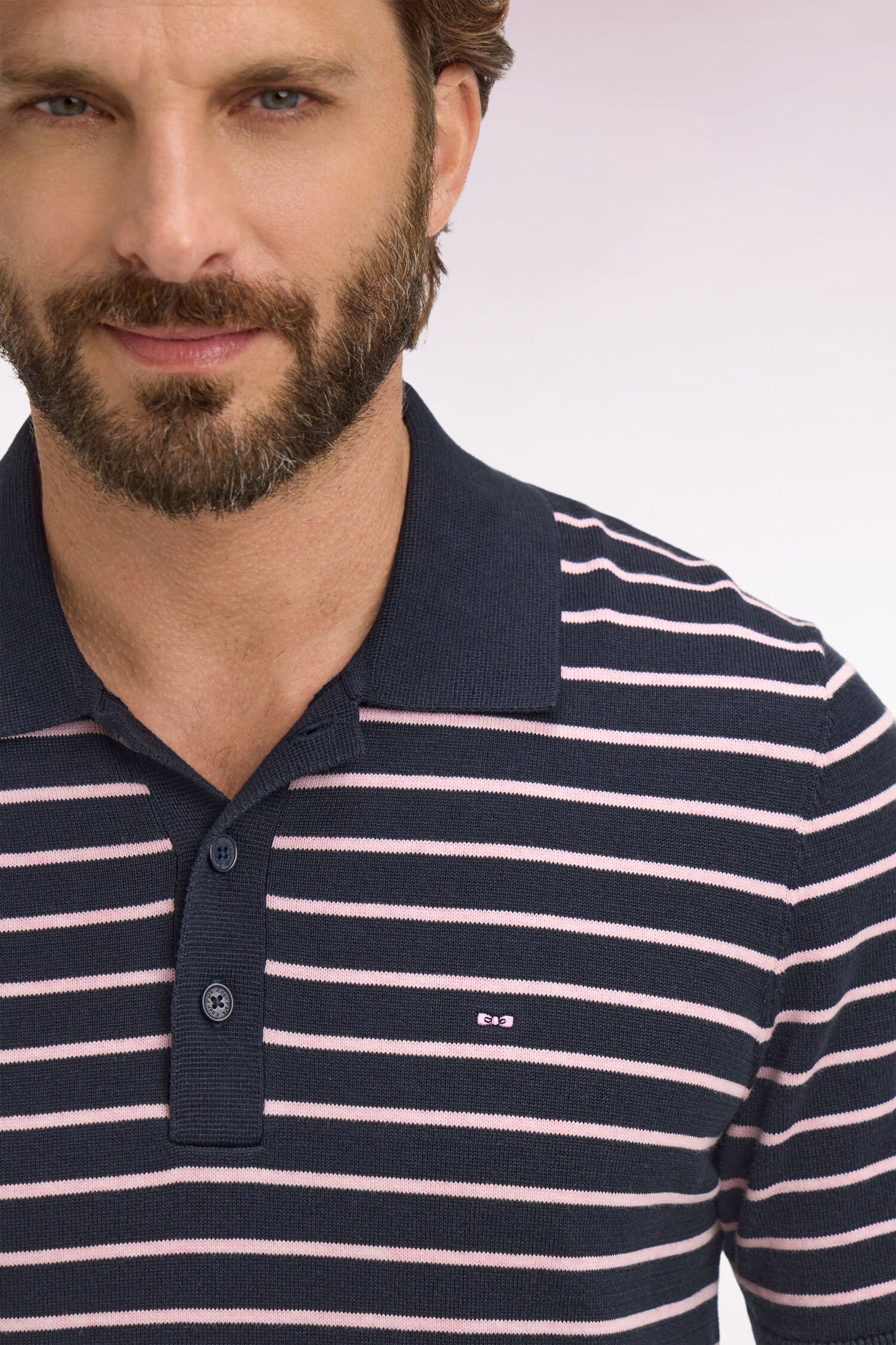 Short-sleeved polo collar sweater in striped navy cotton