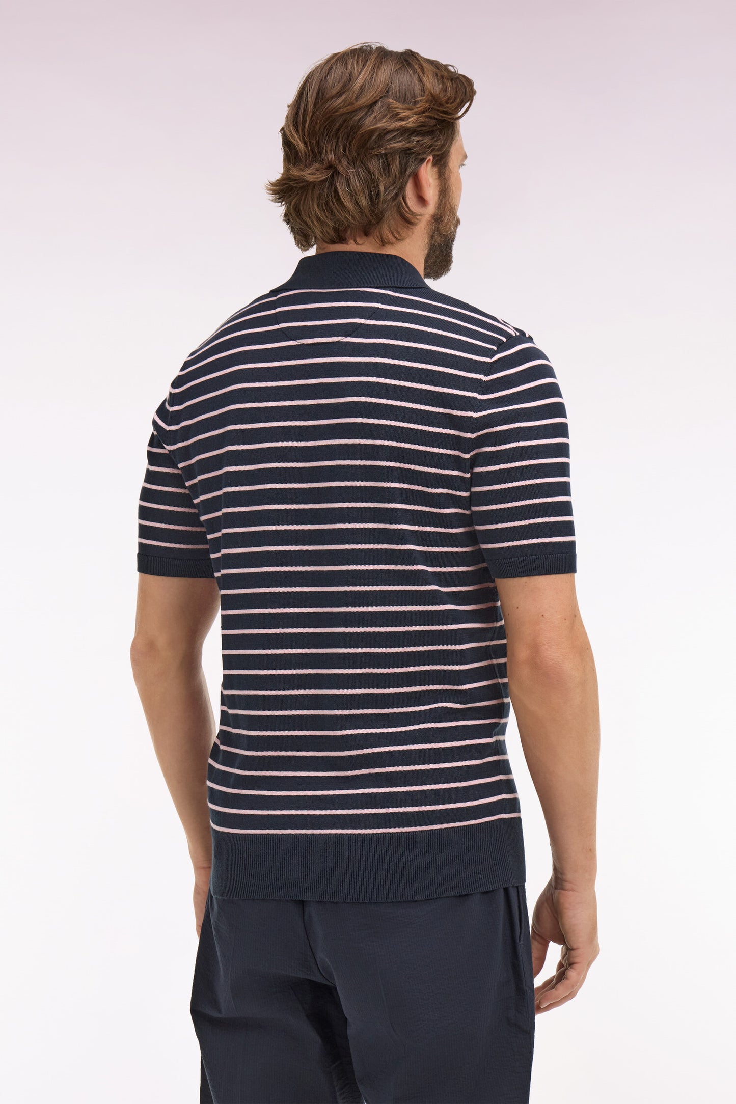 Short-sleeved polo collar sweater in striped navy cotton