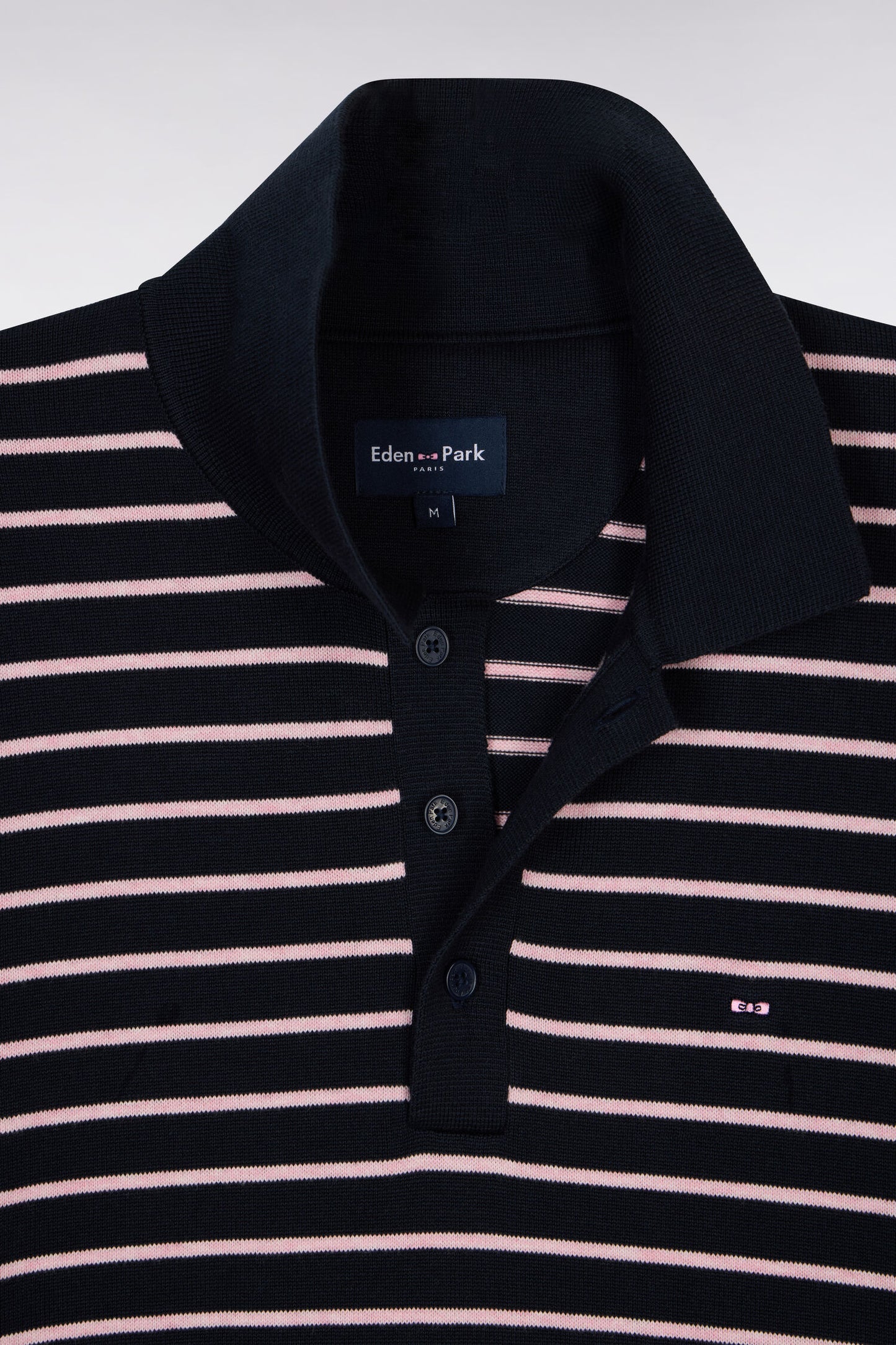 Short-sleeved polo collar sweater in striped navy cotton