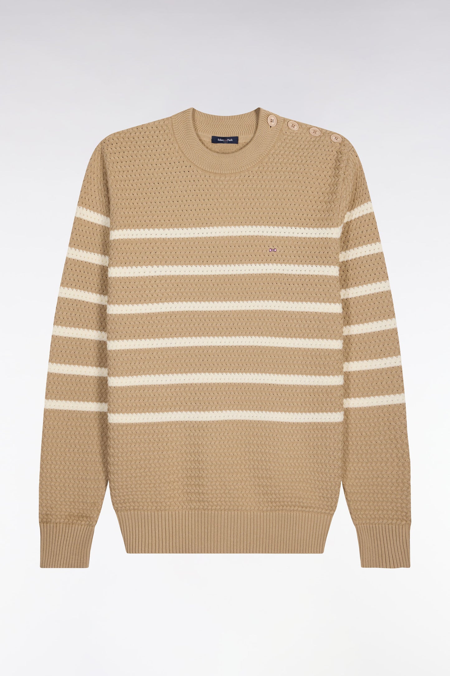 Sailor sweater with buttoned shoulder in beige chevron cotton