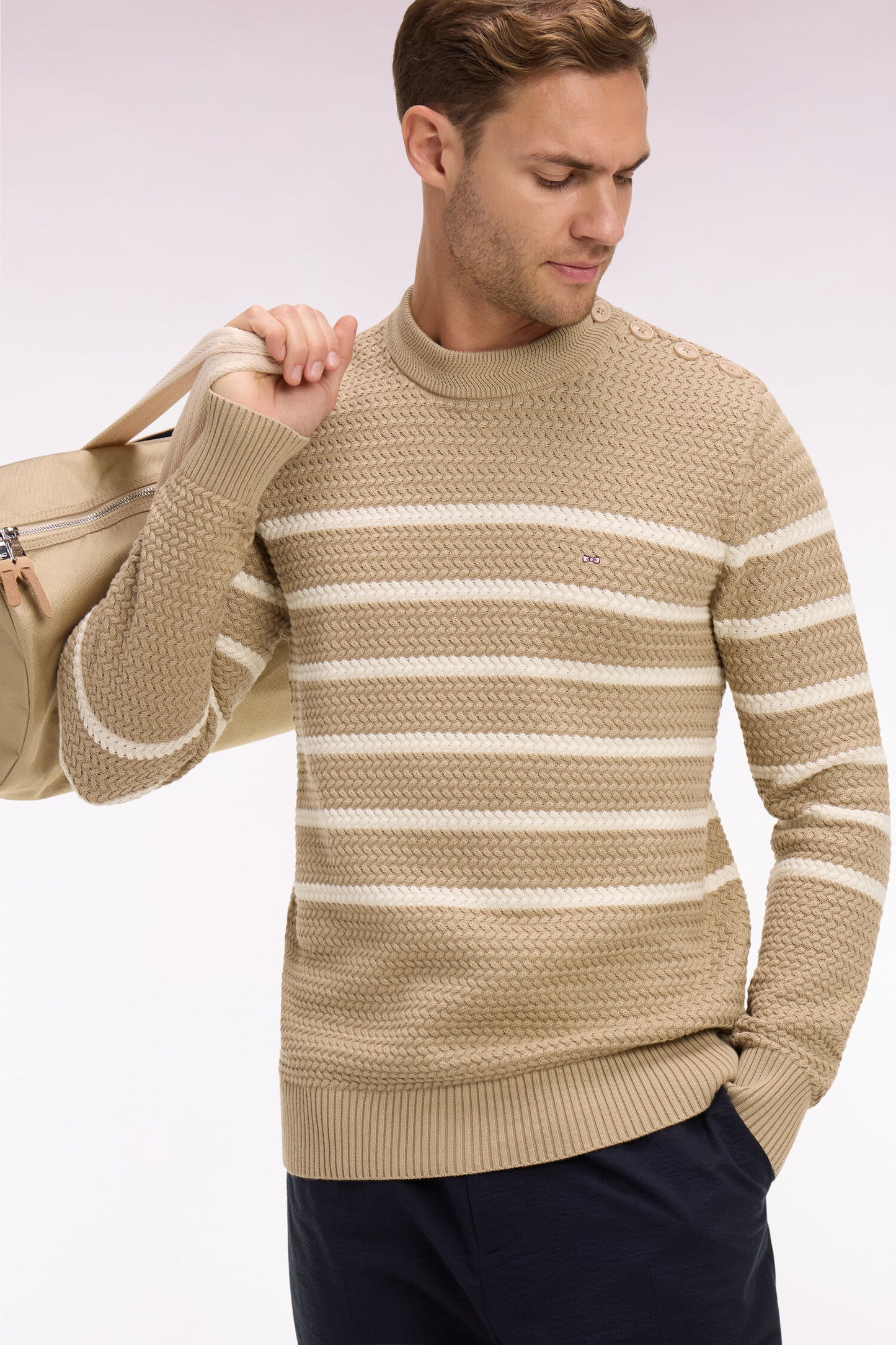 Sailor sweater with buttoned shoulder in beige chevron cotton