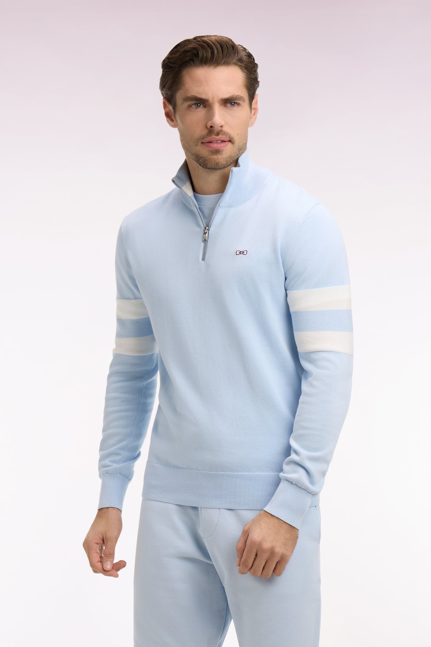 Sky blue cotton sweater with double striped sleeves