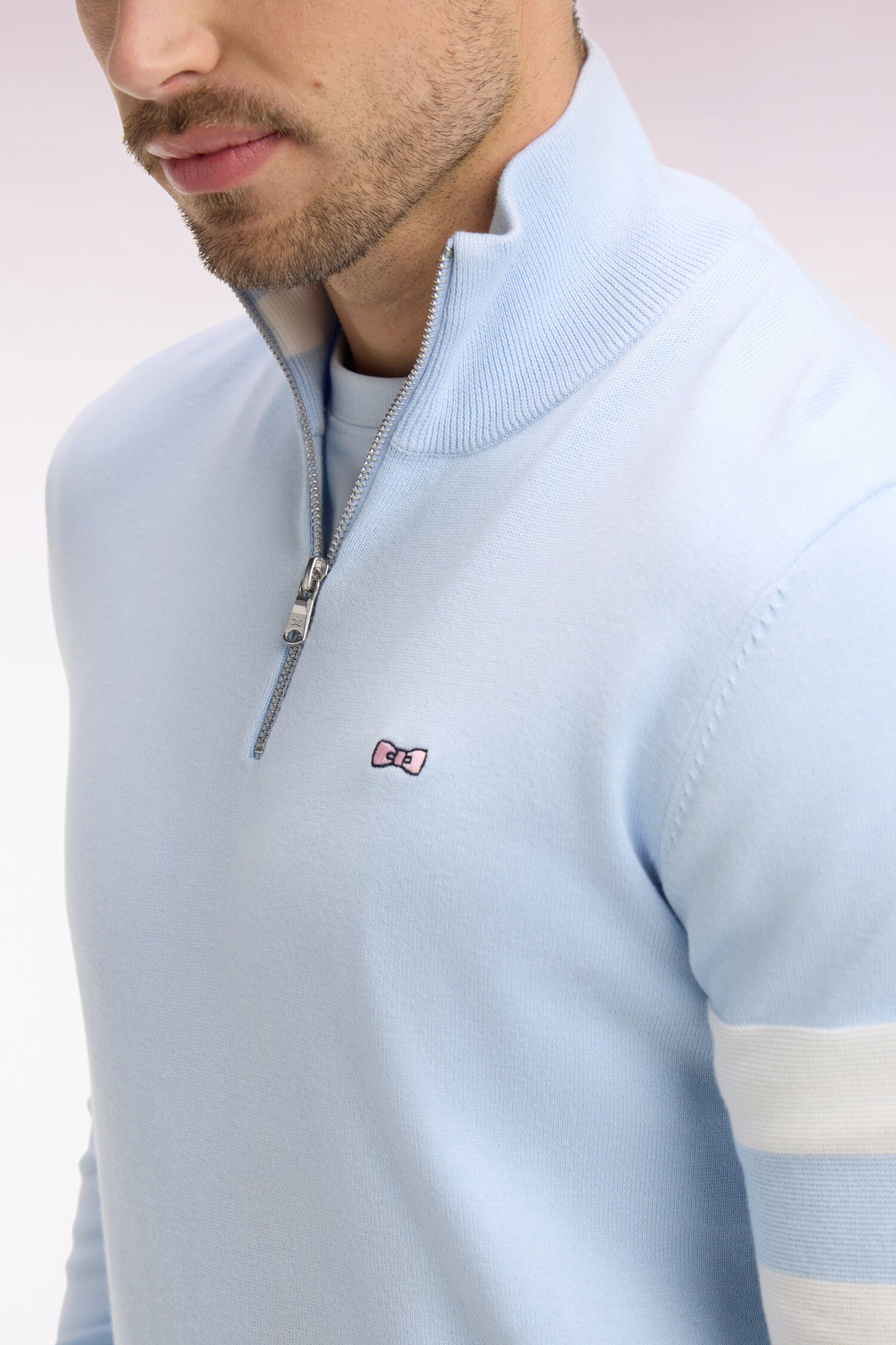 Sky blue cotton sweater with double striped sleeves