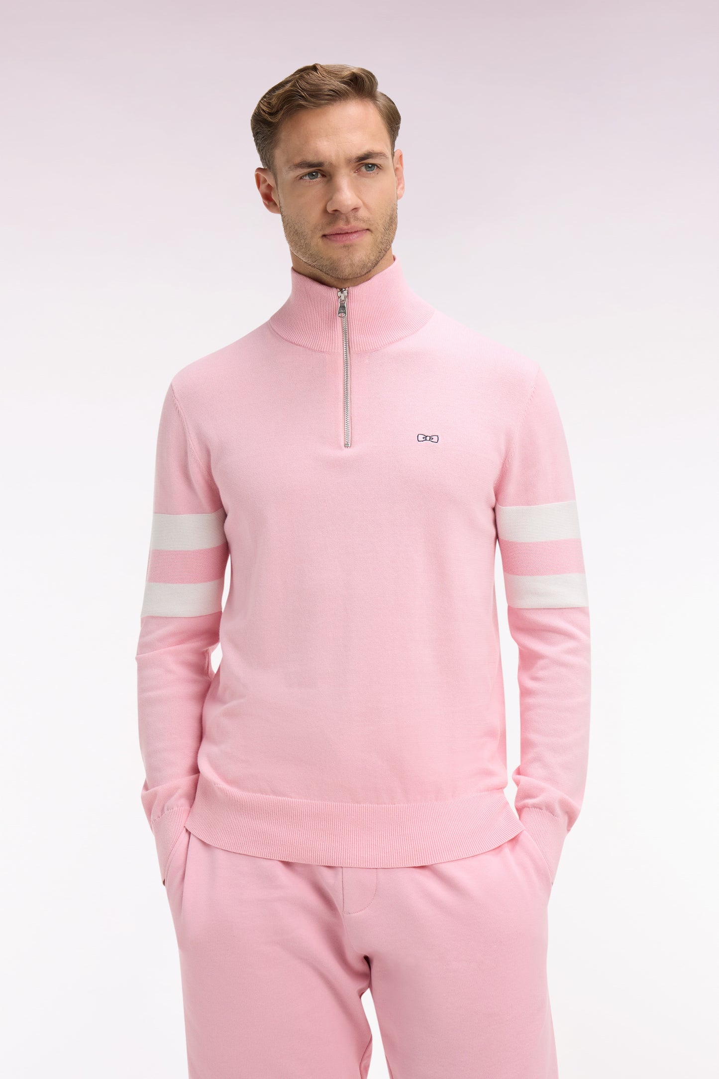Pink cotton sweater with jersey collar and double striped sleeves
