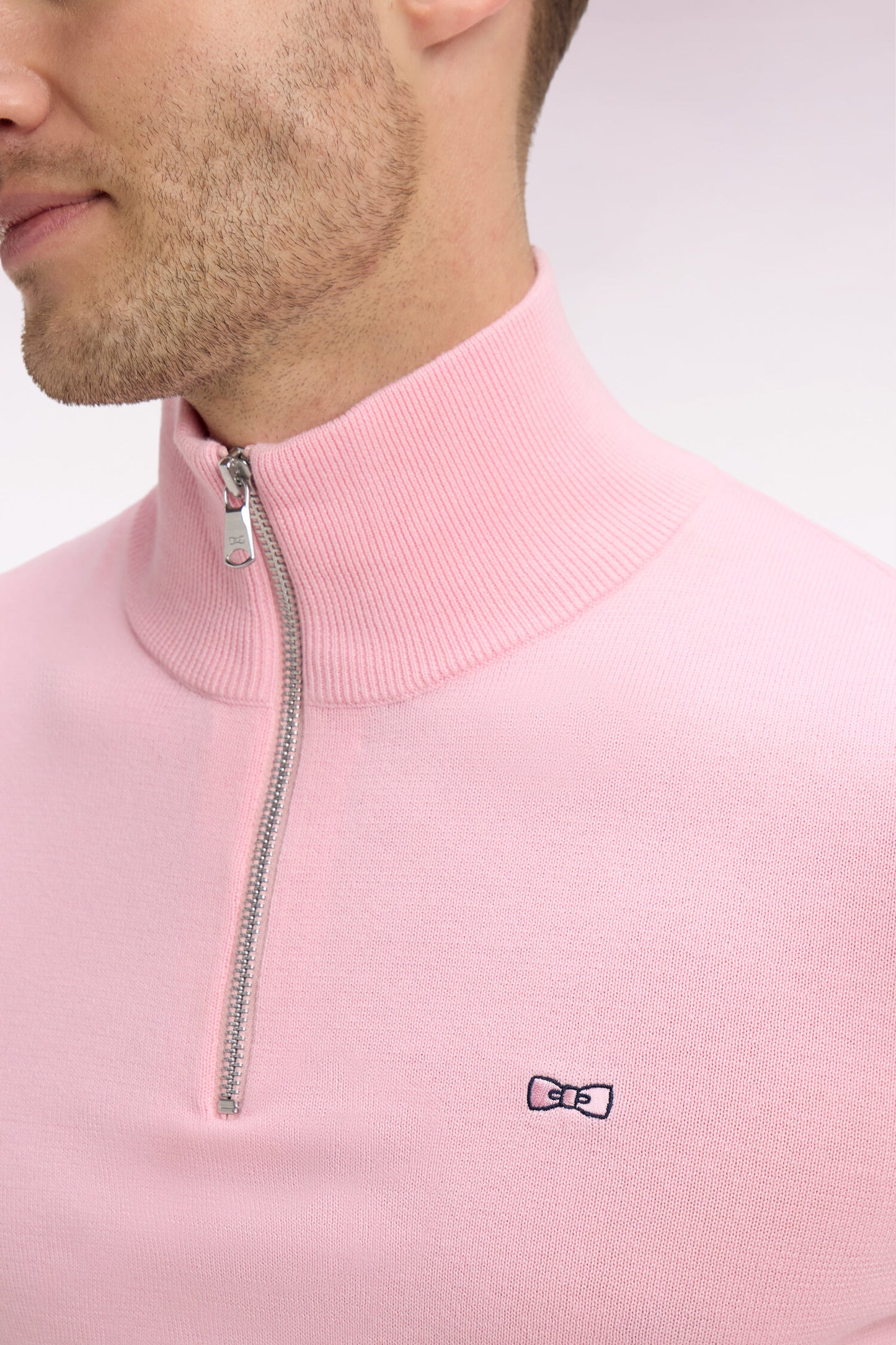 Pink cotton sweater with jersey collar and double striped sleeves