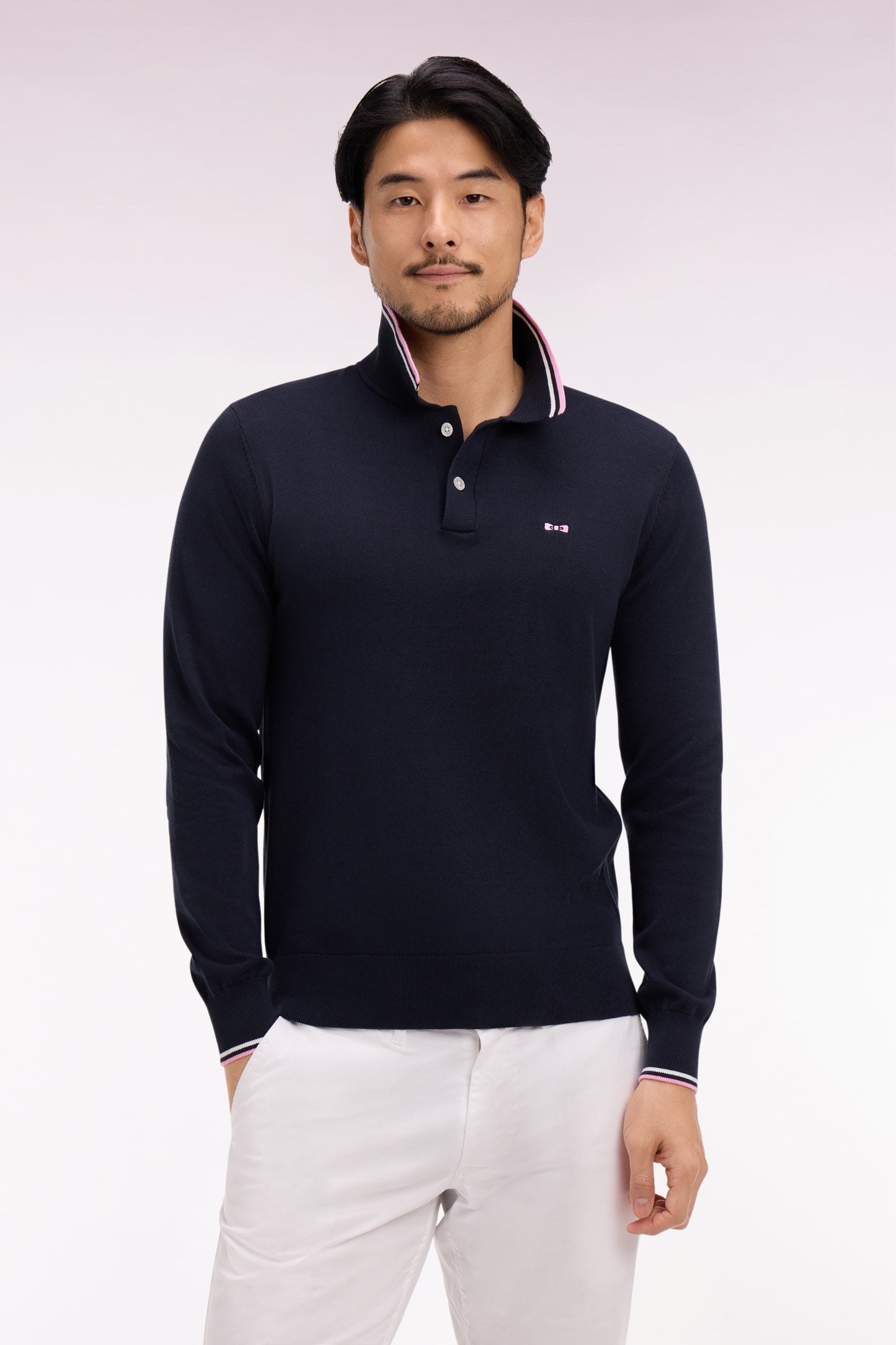 Navy cotton polo collar sweater with fine stripes