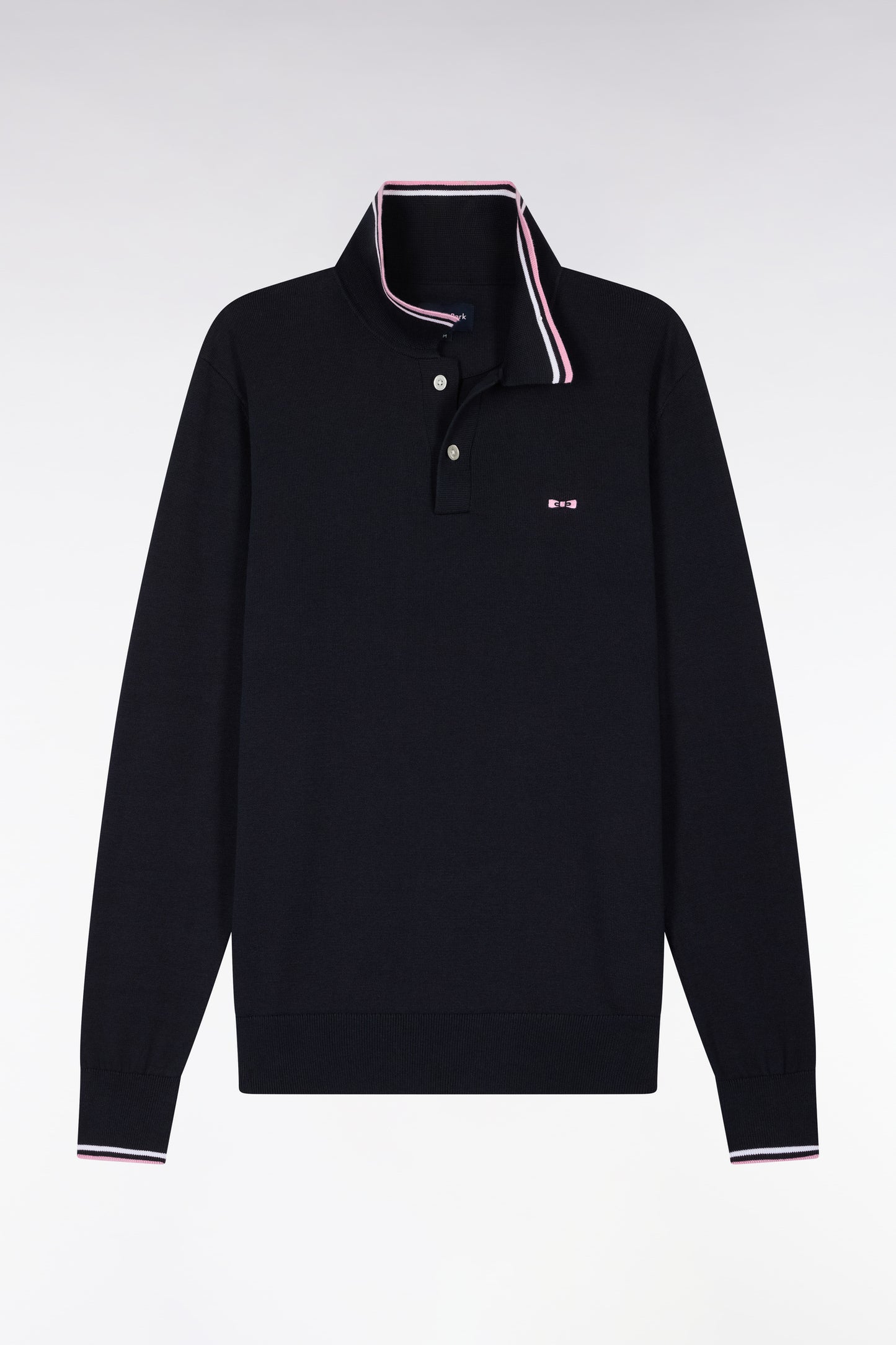 Navy cotton polo collar sweater with fine stripes