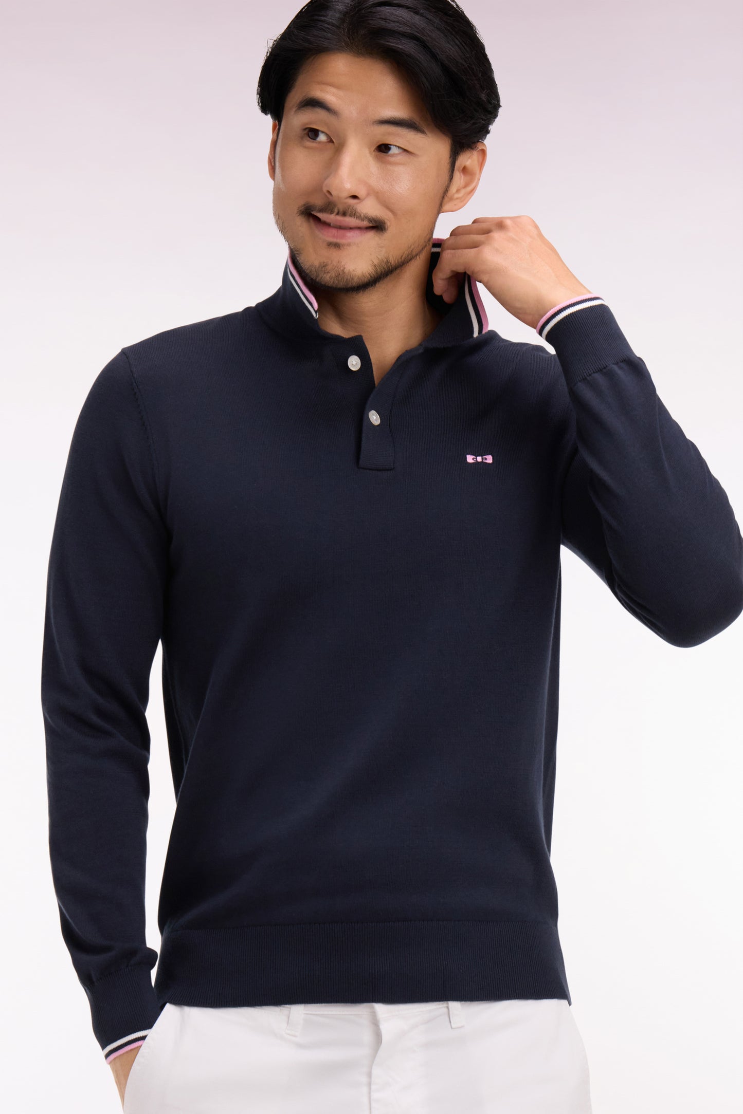 Navy cotton polo collar sweater with fine stripes