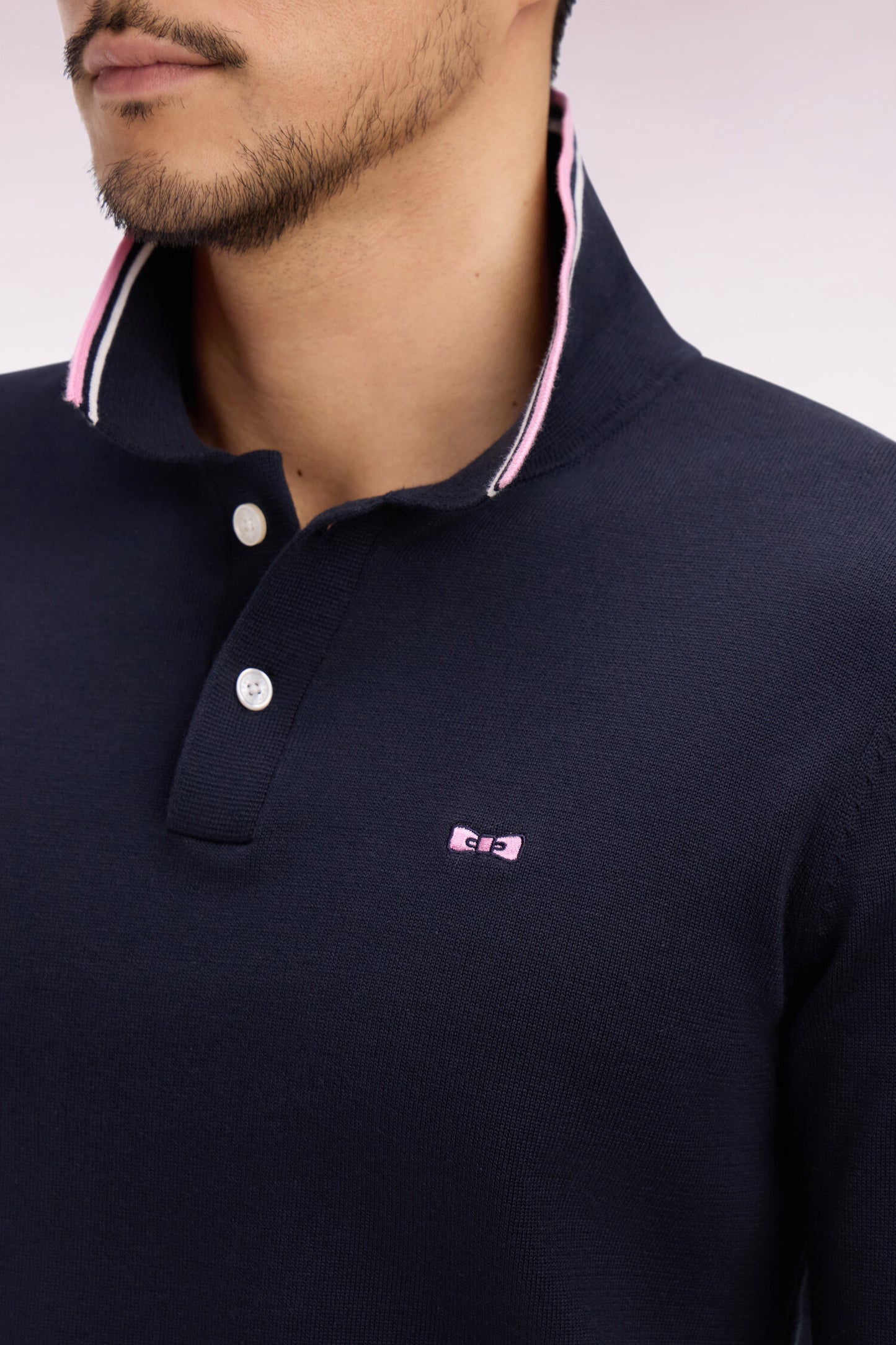 Navy cotton polo collar sweater with fine stripes