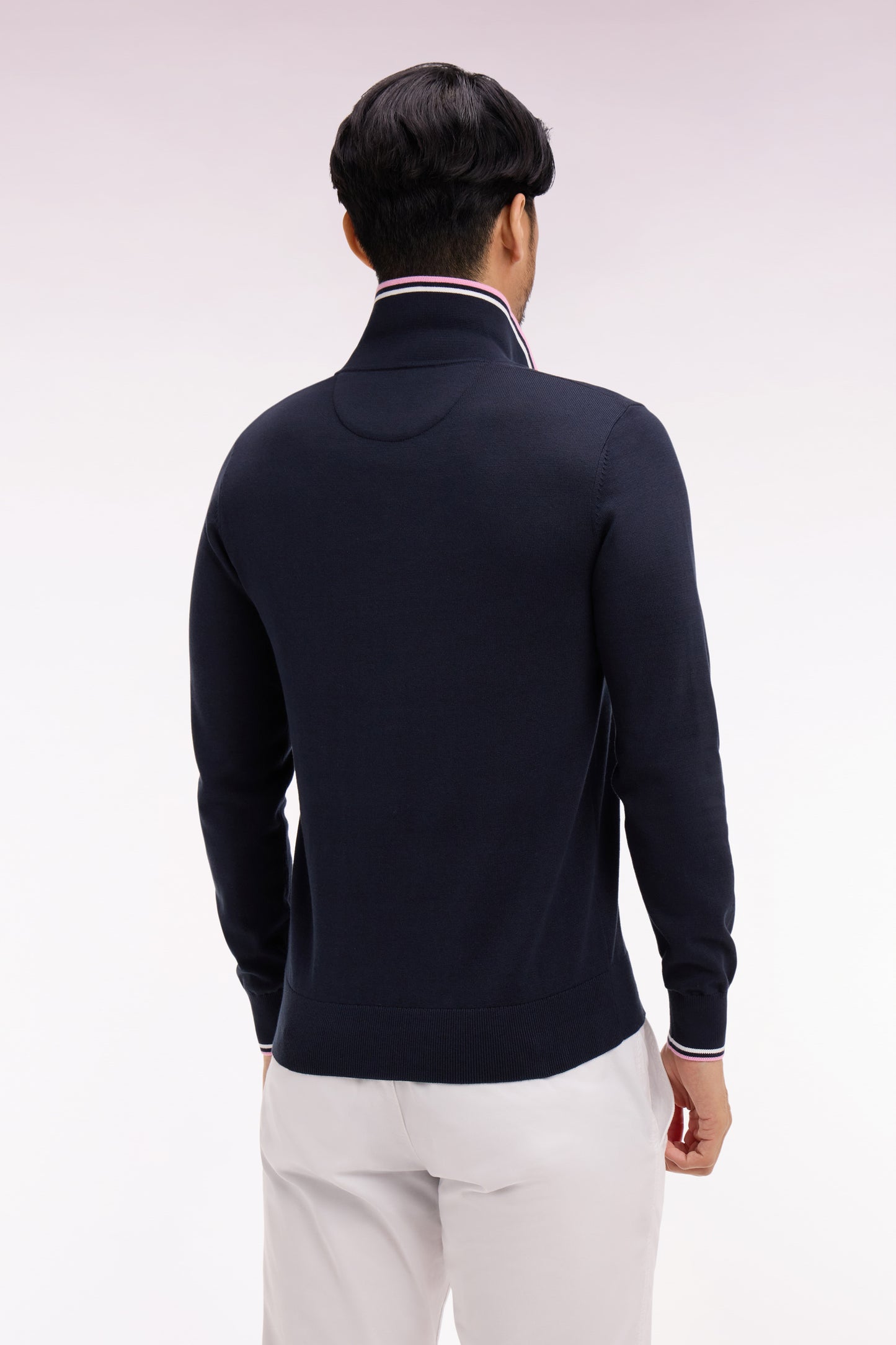 Navy cotton polo collar sweater with fine stripes