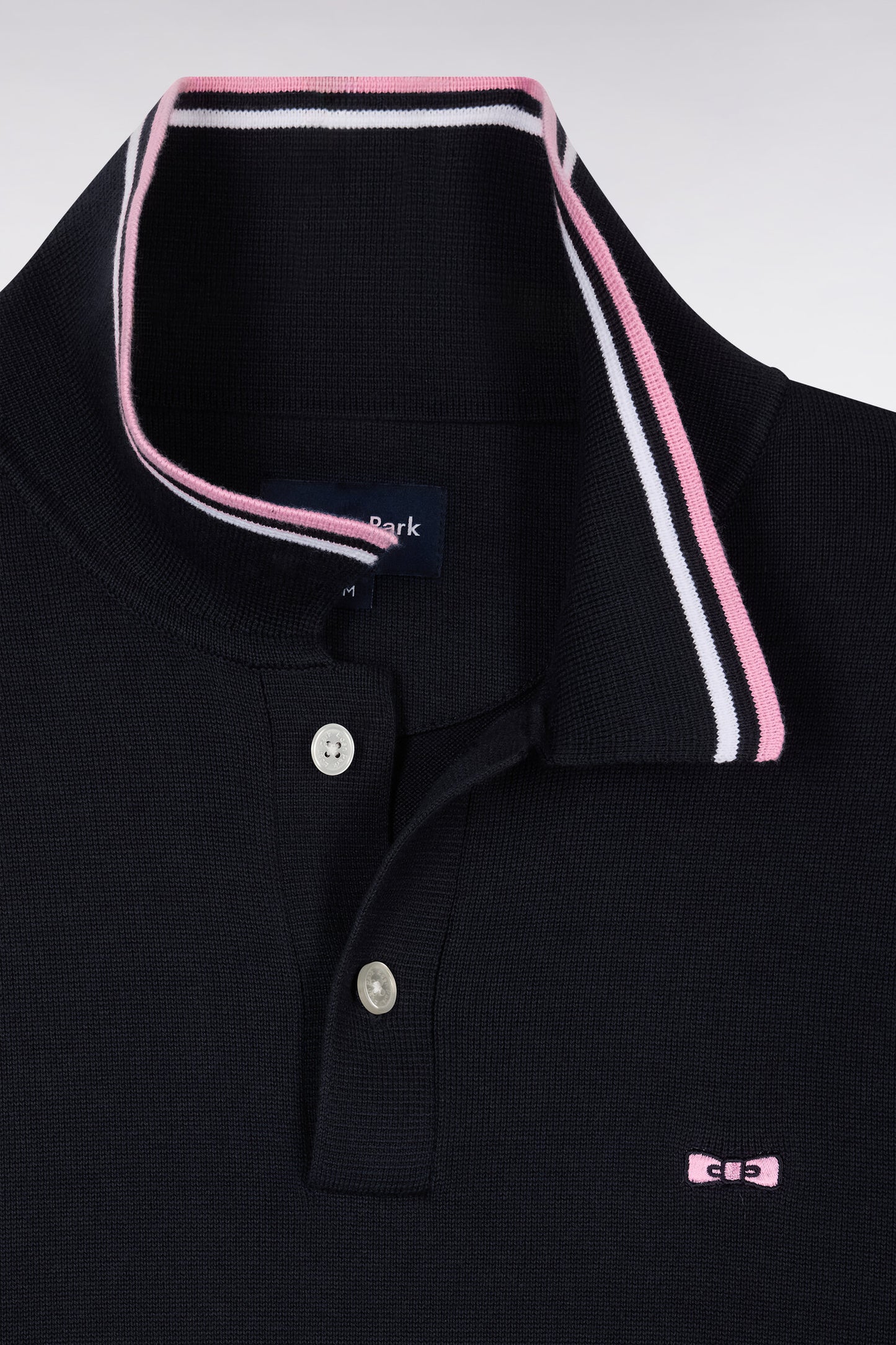 Navy cotton polo collar sweater with fine stripes